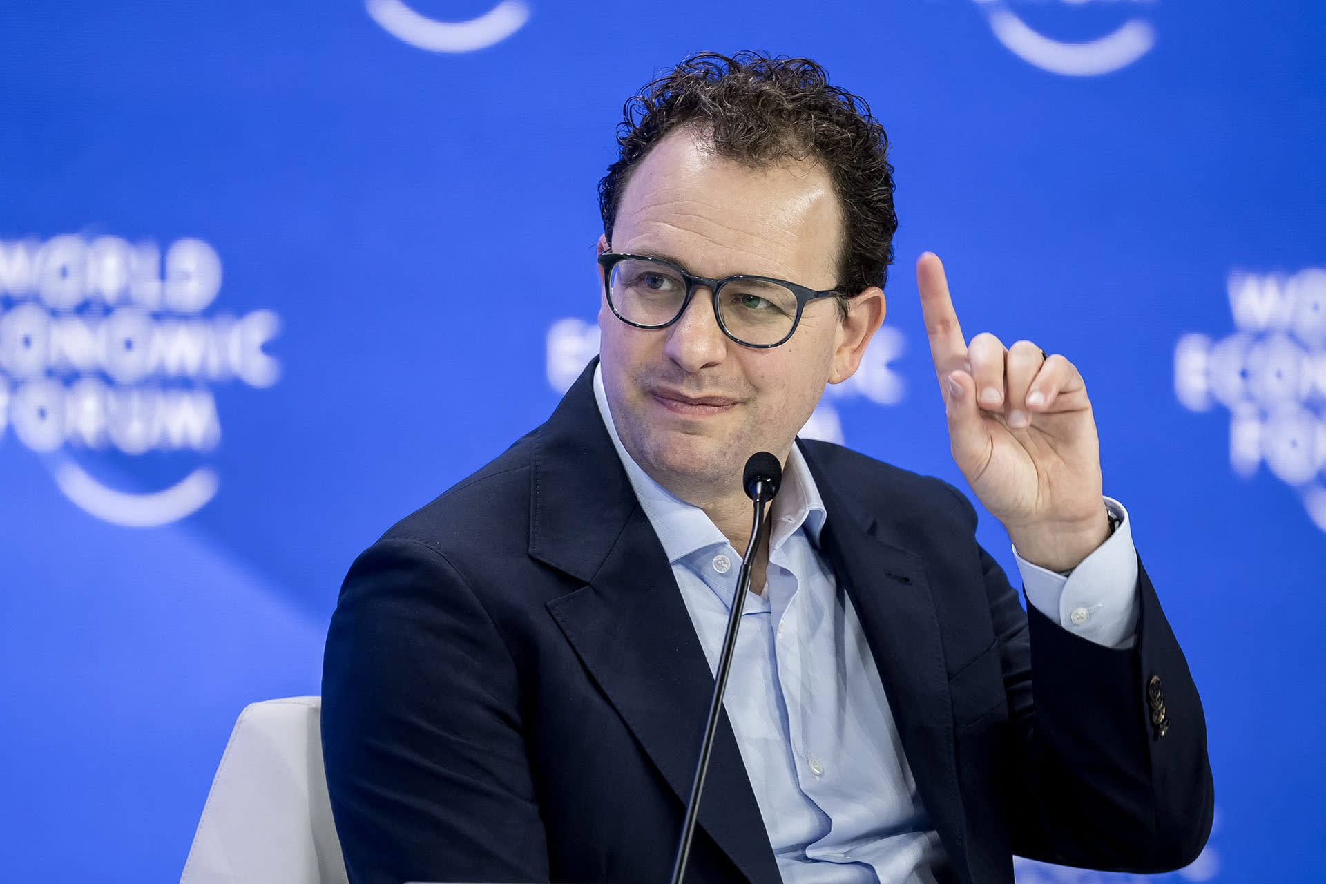 Anthropic CEO Dario Amodei gestures as he addresses the audience as part of a session on AI during the World Economic Forum (WEF) annual meeting in Davos on January 23, 2025.