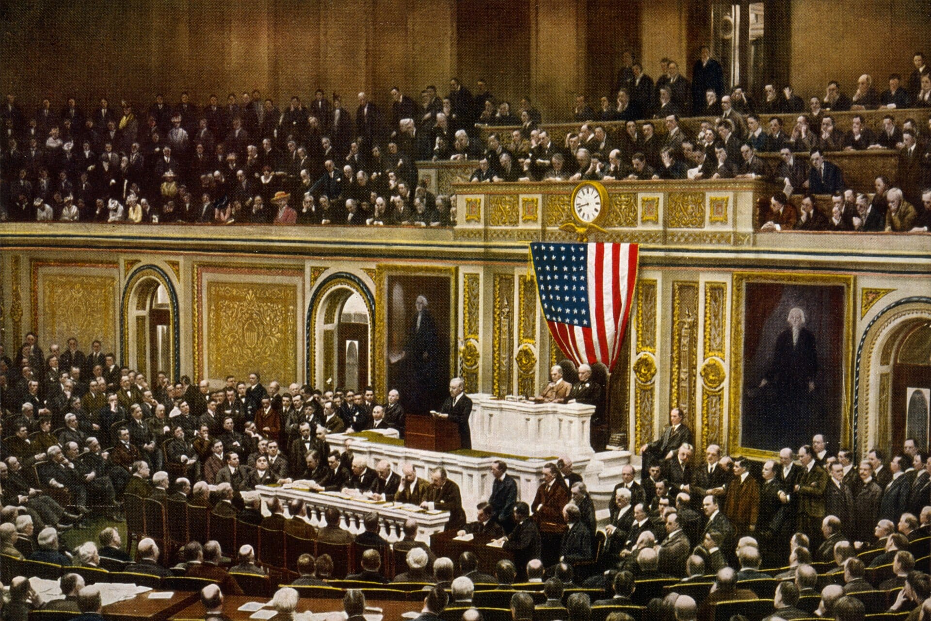 <p>President Woodrow Wilson speaking before a joint session of Congress to request that it declare war on Germany, April 2, 1917.</p>
