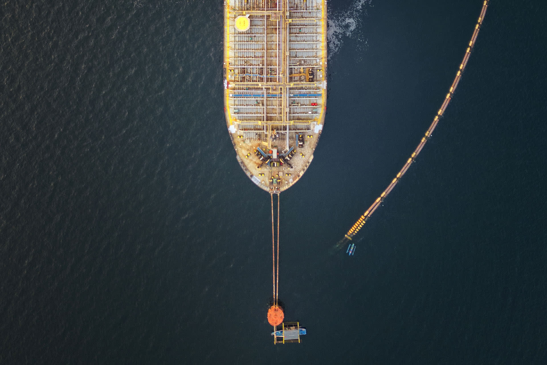 In an aerial view, the Panamanian-flagged Tiger Wings, carrying crude oil from Russia, is moored off the Petron oil refinery on April 1, 2026 in Limay, Bataan province, Philippines.