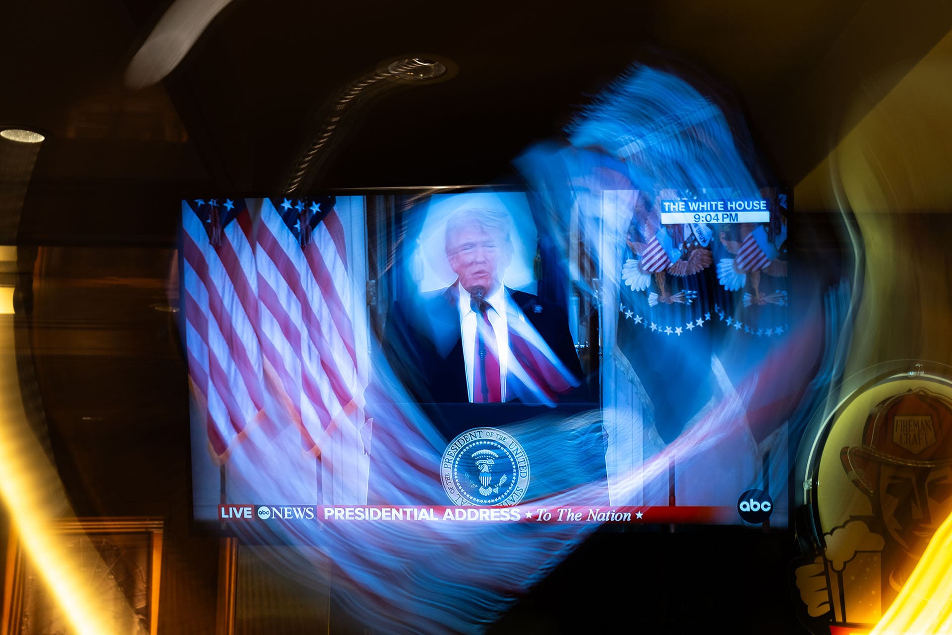 <p>U.S. President Donald Trump makes a national address on television at Brooklyn Diner Times Square on April 1, 2026 in New York City. </p>
