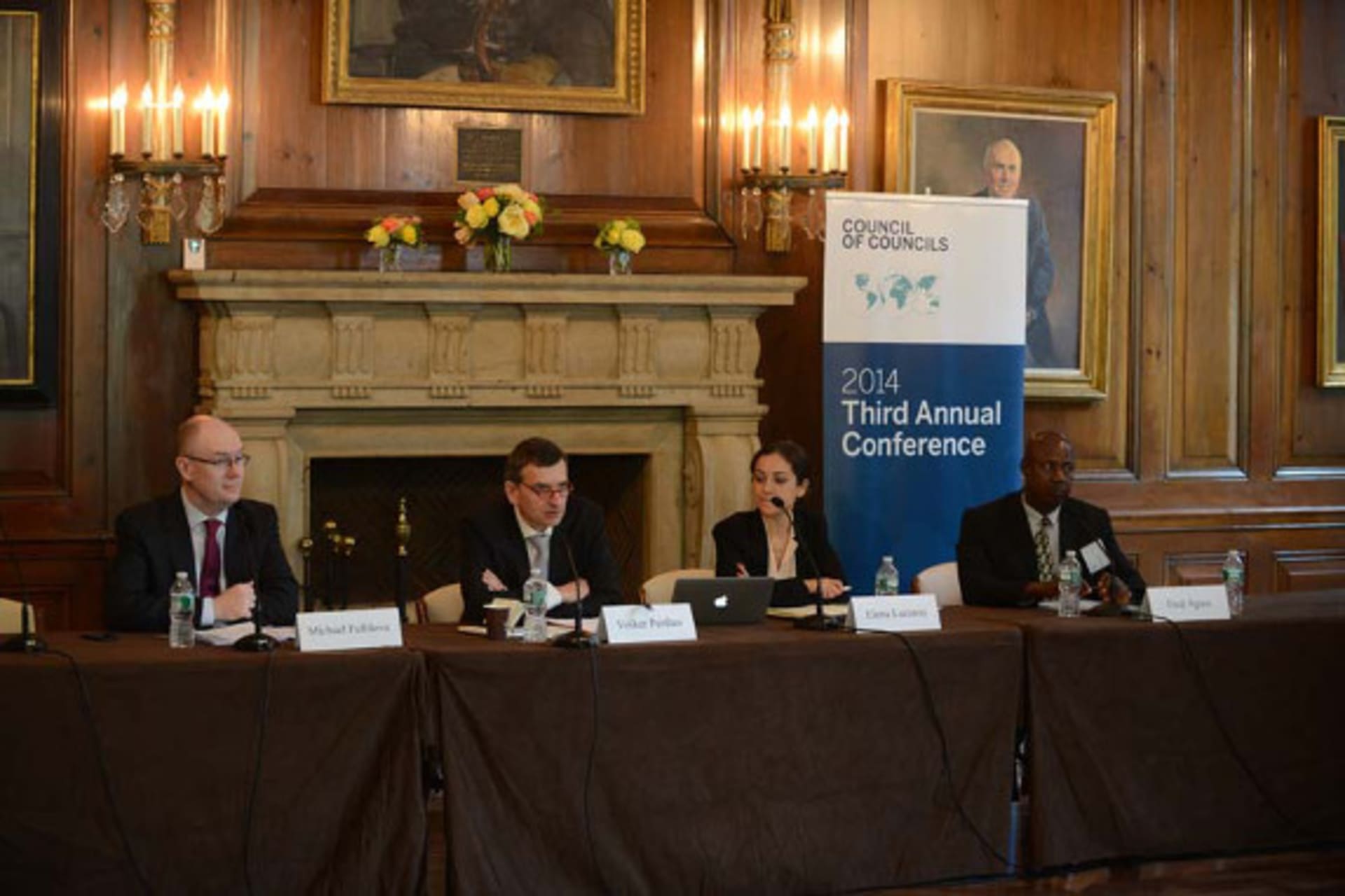 <p>Panelists speak during the first session on humanitarian intervention at the Council of Councils Third Annual Conference at Harold Pratt House (Don Pollard).</p>
