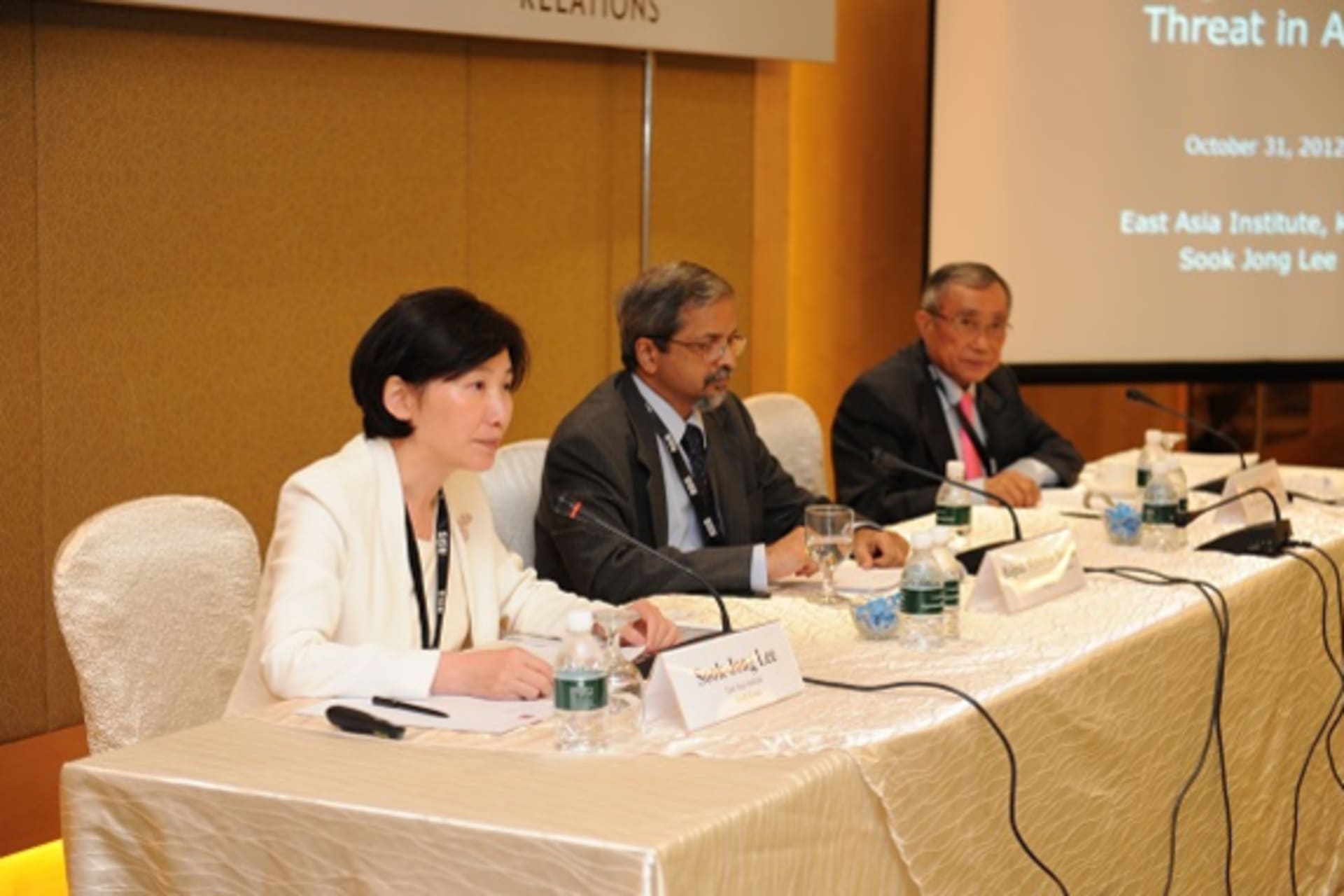 <p>Sook-Jong Lee (EAI), Rajesh Manohar Basrur (RSIS), and Jusuf Wanandi (CSIS) participate in a panel during the CoC First Regional Conference (William Lam).</p>
