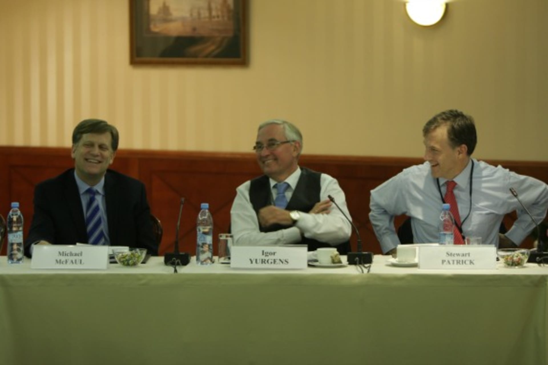 <p>Michael McFaul (U.S. Ambassador to Russia), Igor Yurgens (Institute of Contemporary Development), and Stewart Patrick (CFR) converse during the conference (Migalyov Oleg).</p>
