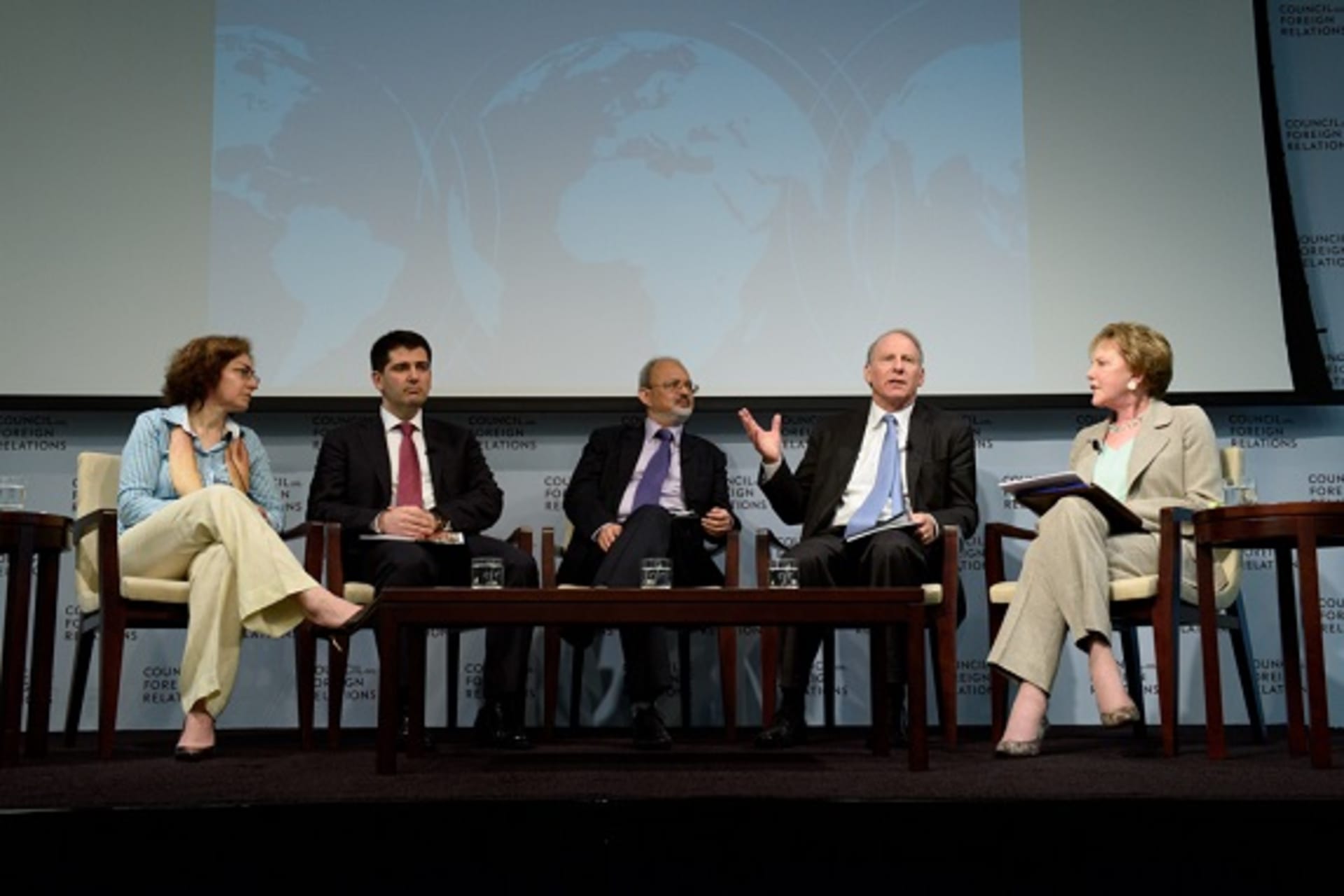 <p>Elizabeth Sidiropoulos, Memduh Karakullukcu, Sunjoy Joshi, Richard Haass, and Margaret Warner speak at the launch of the Report Card on International Cooperation (Kaveh Sardari).</p>
