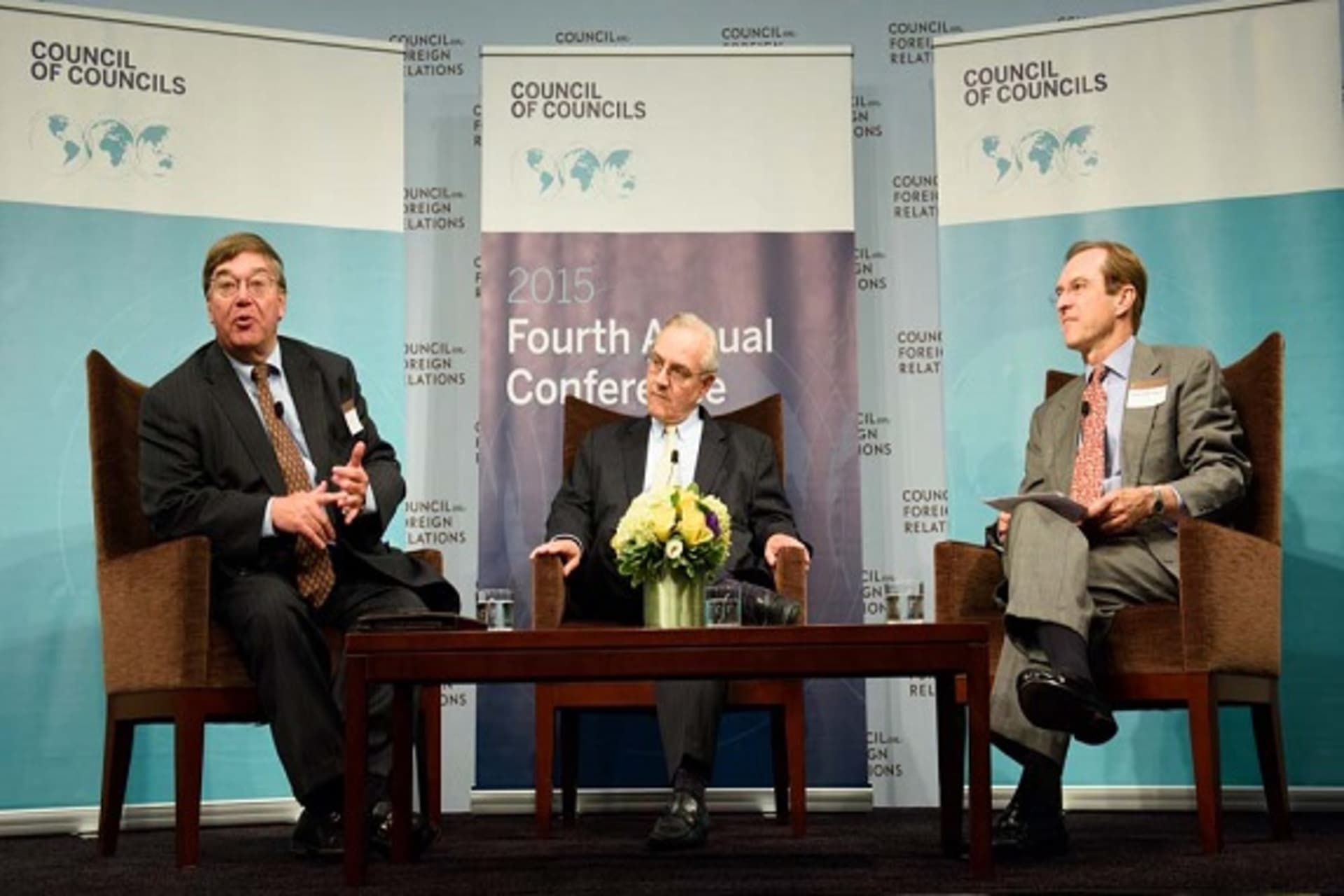 <p>E.J. Dionne, Charlie Cook, and David Ensor speak during the CoC Fourth Annual Conference (Kaveh Sardari).</p>
