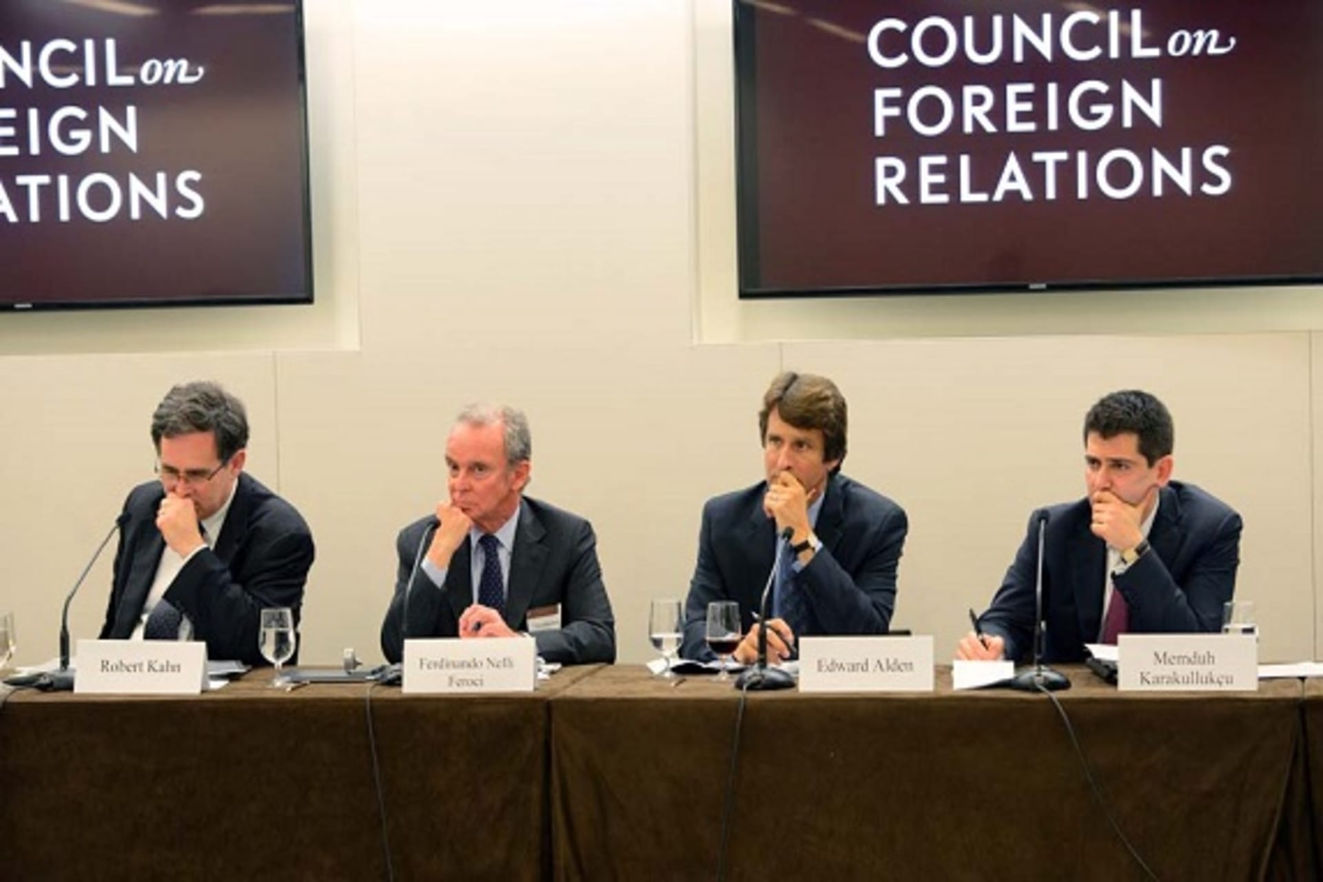 <p>Rob Kahn, Ferdinando Nelli Feroci, Ted Alden, and Memduh Karakullukcu speak during the CoC Fourth Annual Conference (Kaveh Sardari).</p>
