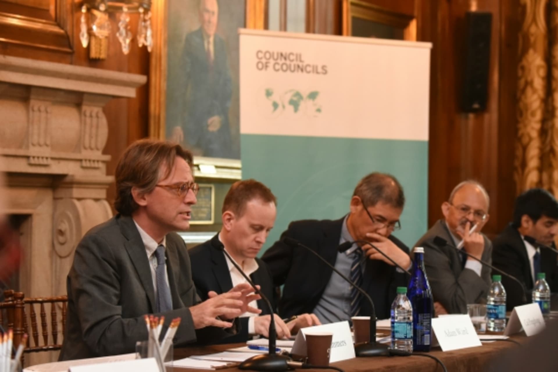 <p>Ralf Emmers, Adam Ward, Cai Penghong, and Sunjoy Joshi speak during the CoC Fifth Annual Conference. (Don Pollard)</p>
