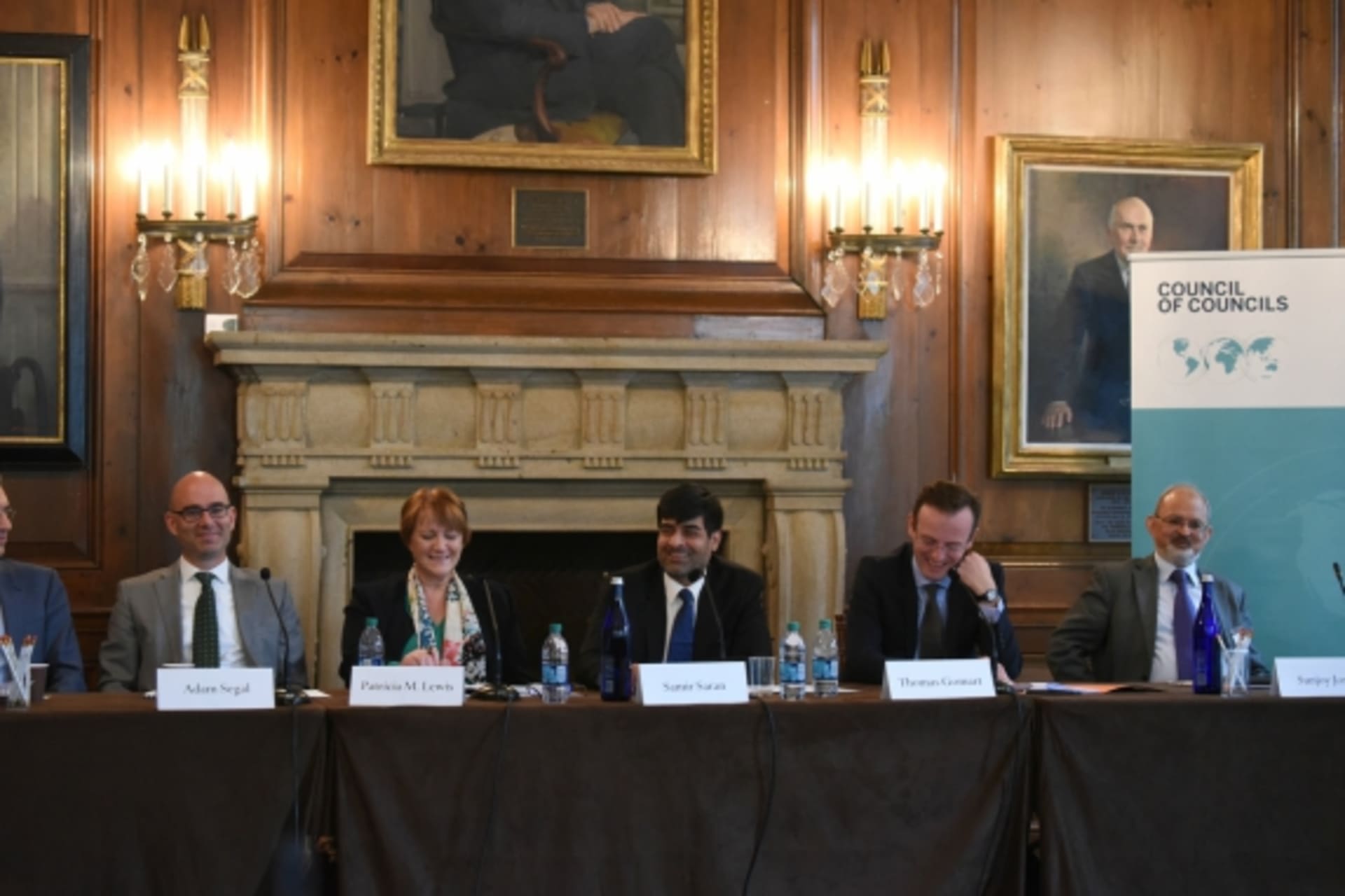 <p>Adam Segal, Patricia Lewis, Samir Saran, and Thomas Gomart speak during the CoC Fifth Annual Conference. (Don Pollard)</p>
