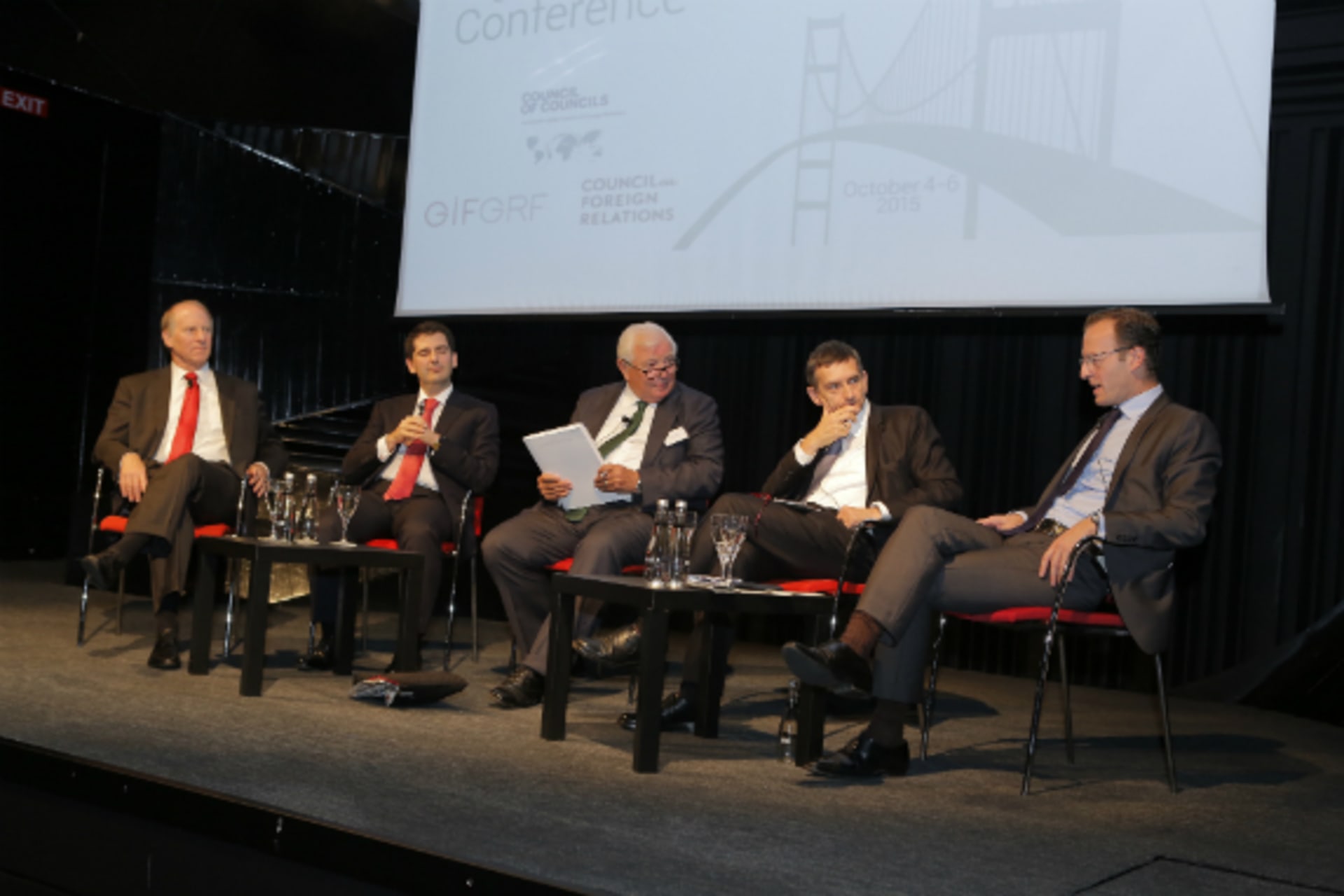 <p>Richard Haass, Memduh Karakullukçu, Itler Turan, Volker Perthes, and Thomas Gomart discuss Europe’s prospects as an effective global actor at the public event. (Ferit Gelgec)</p>
