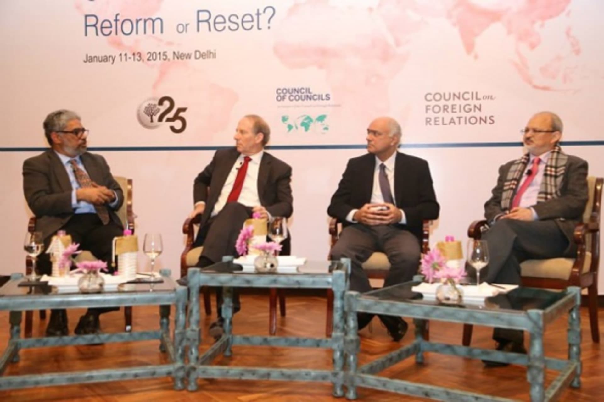 <p>Richard Haass, Sunjoy Joshi, and Rohinton Medhora discuss global governance during the first Council of Councils Public Event at the Taj Mahal Hotel in Delhi (Pradeep Kumar).</p>
