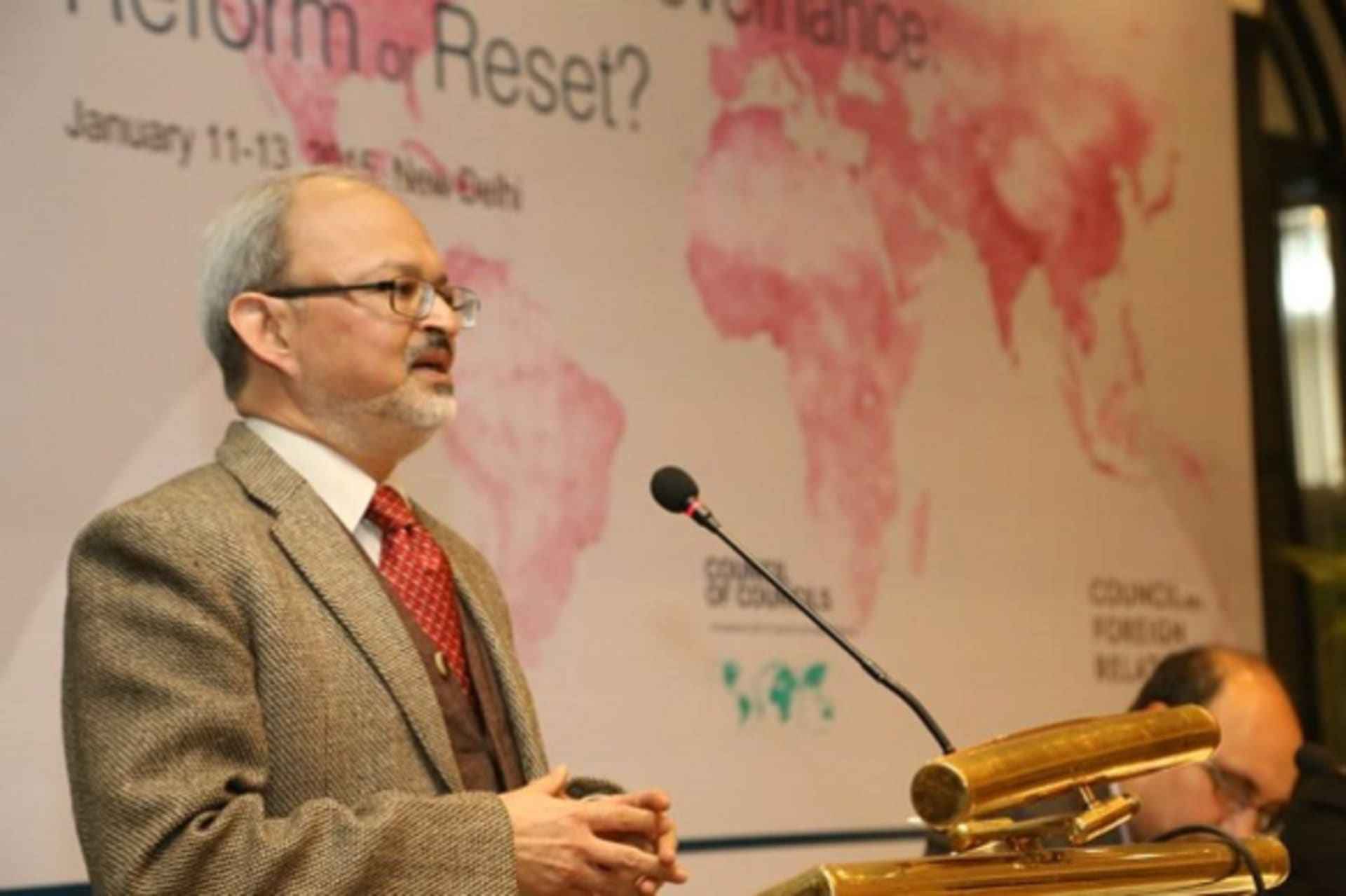 <p>Sunjoy Joshi, President of the Observer Research Foundation, delivers opening remarks during the Council of Councils Seventh Regional Conference (Pradeep Kumar).</p>
