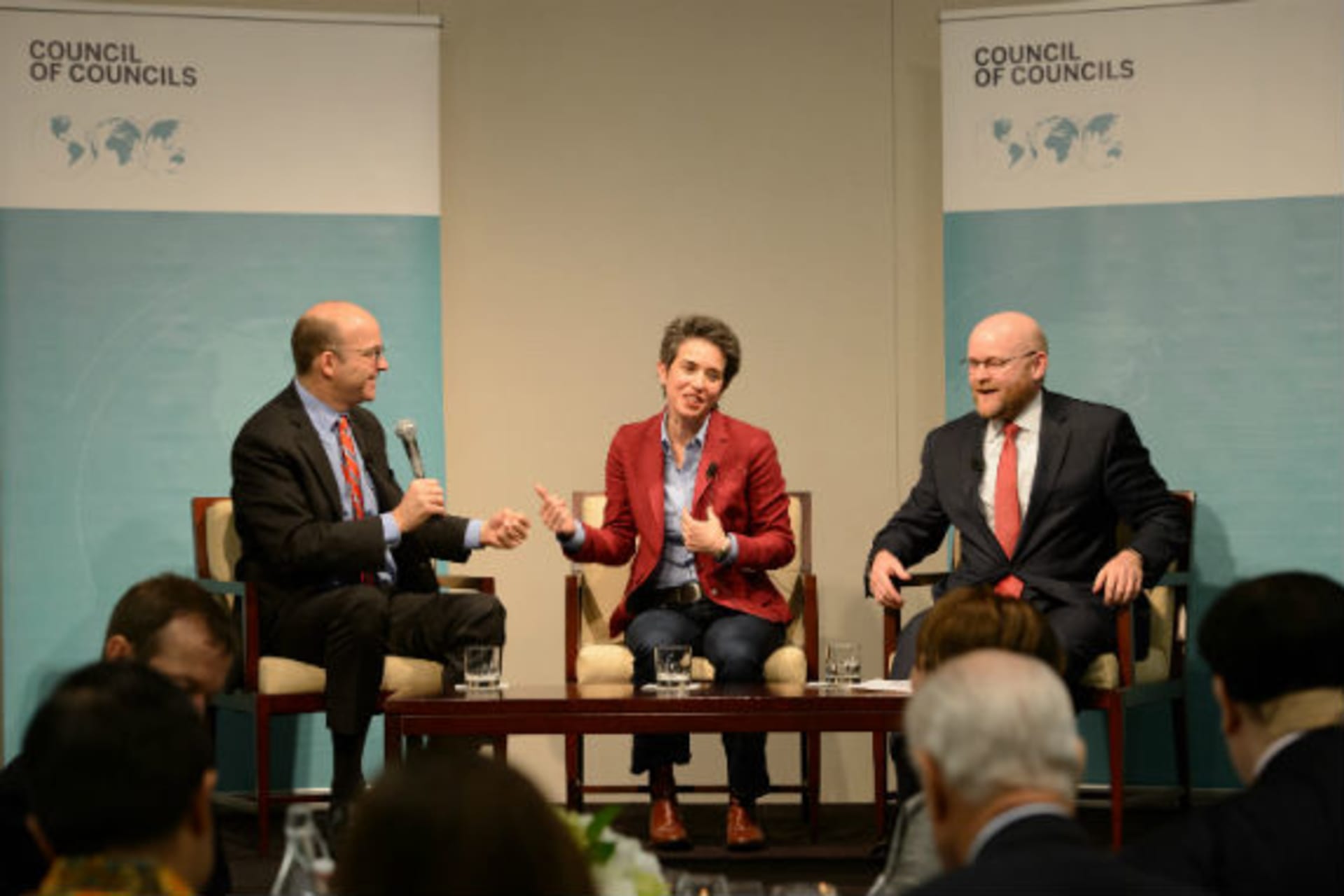 <p>Mike Allen, Amy Walter, and Jim Lindsay discuss President Trump’s first one hundred days. (Kaveh Sardari)</p>
