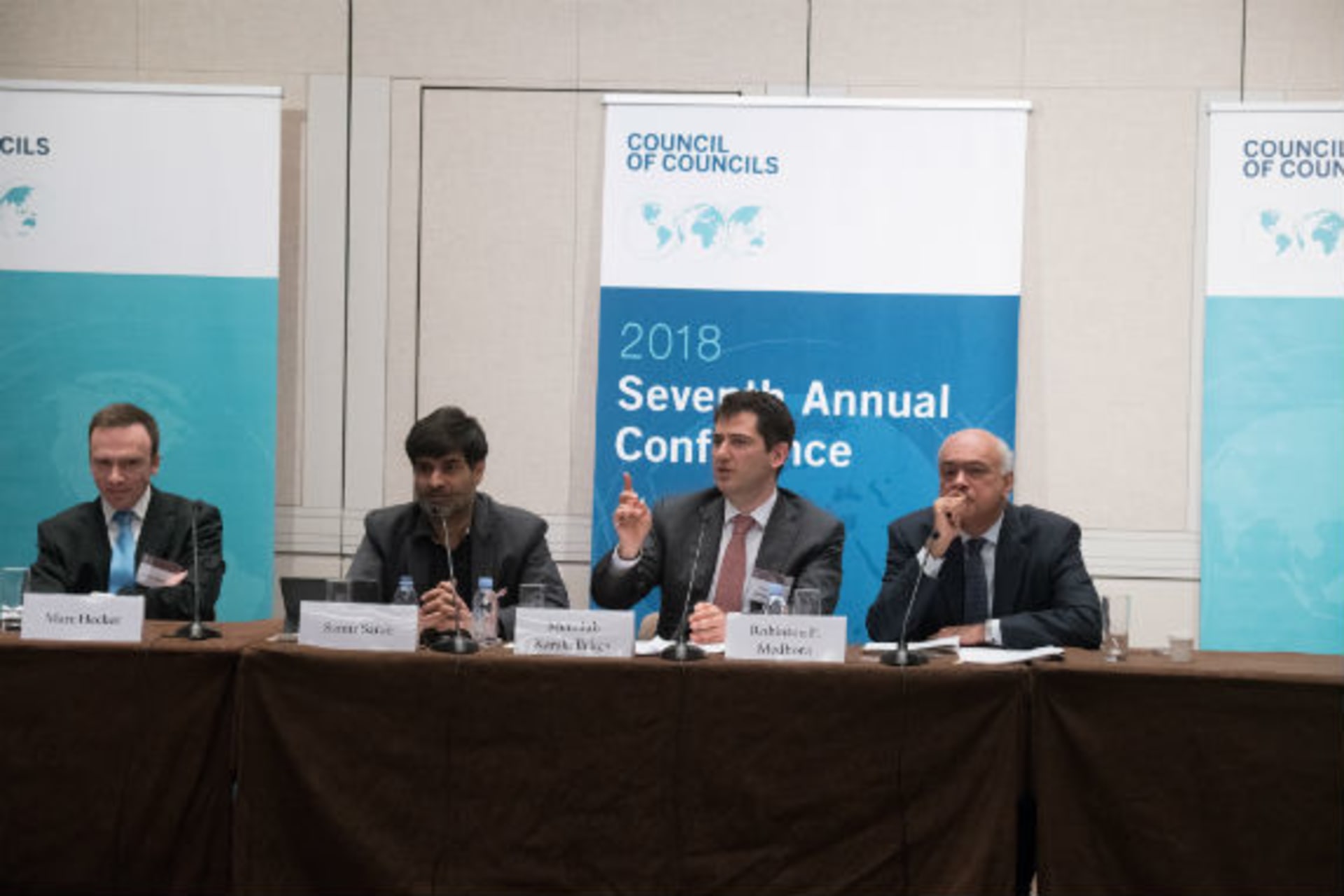 <p>Marc Hecker, Samir Saran, Memduh Karakullukçu, and Rohinton Medhora discuss the geopolitics of new technology (Don Pollard).</p>
