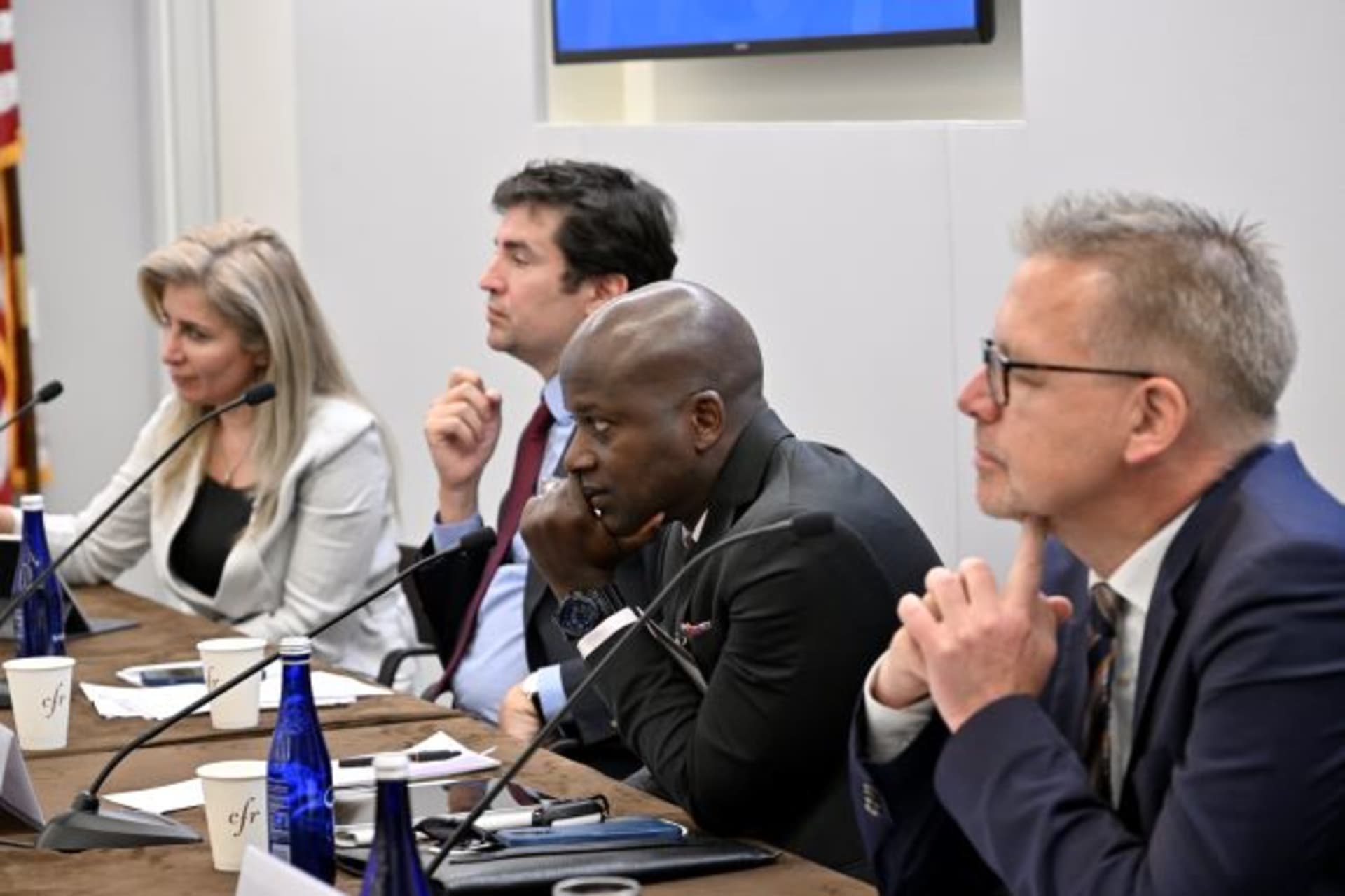 <p>Fonteh Akum, Markus Kaim, Bessma Momani, and Francisco de Santibañes during the session “The Fate of Democracy.”</p>
