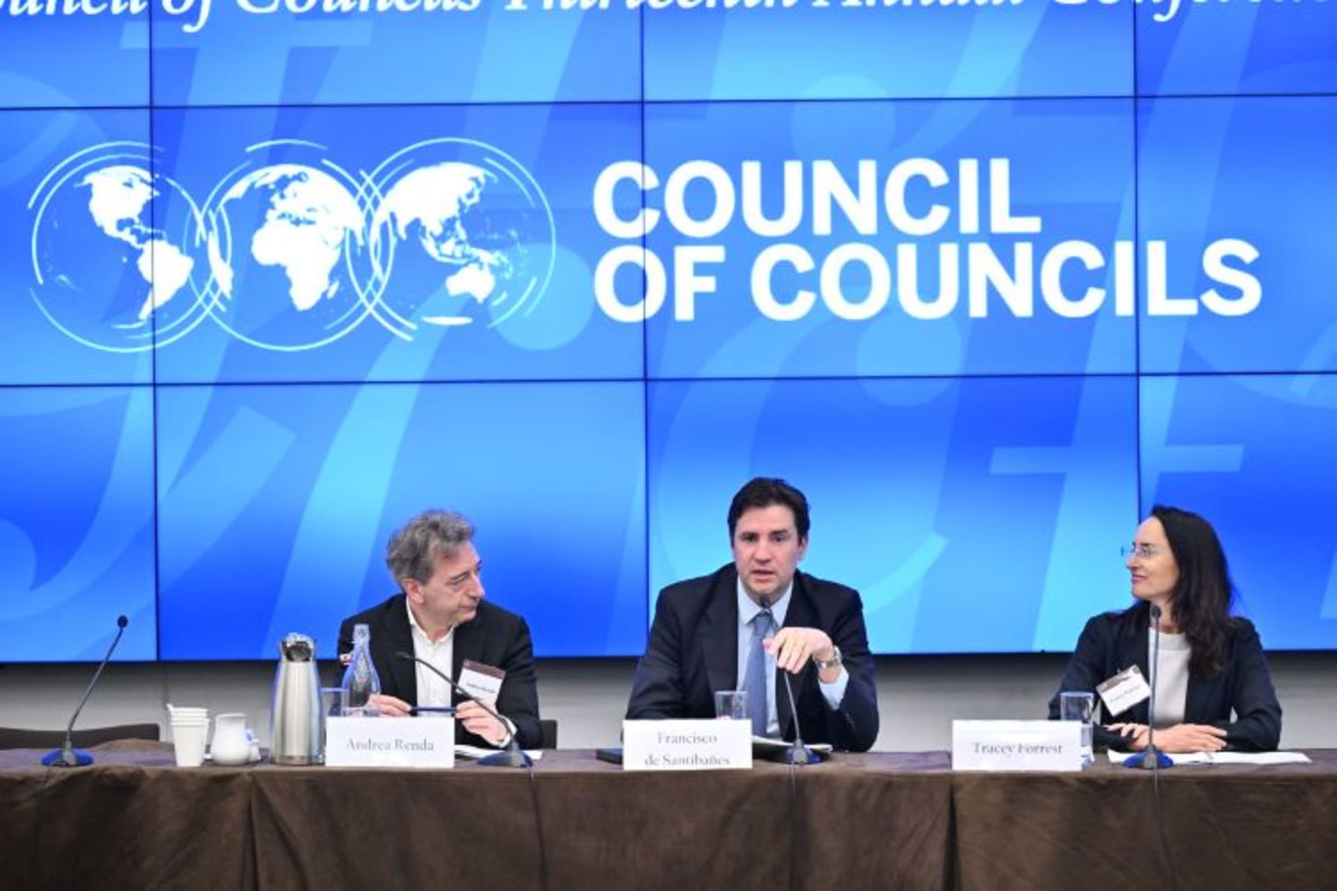 <p>Andrea Renda, Francisco de Santibanes, and Tracey Forrest discuss “Geopolitics, Diplomacy, and AI.” (Kaveh Sardari)</p>