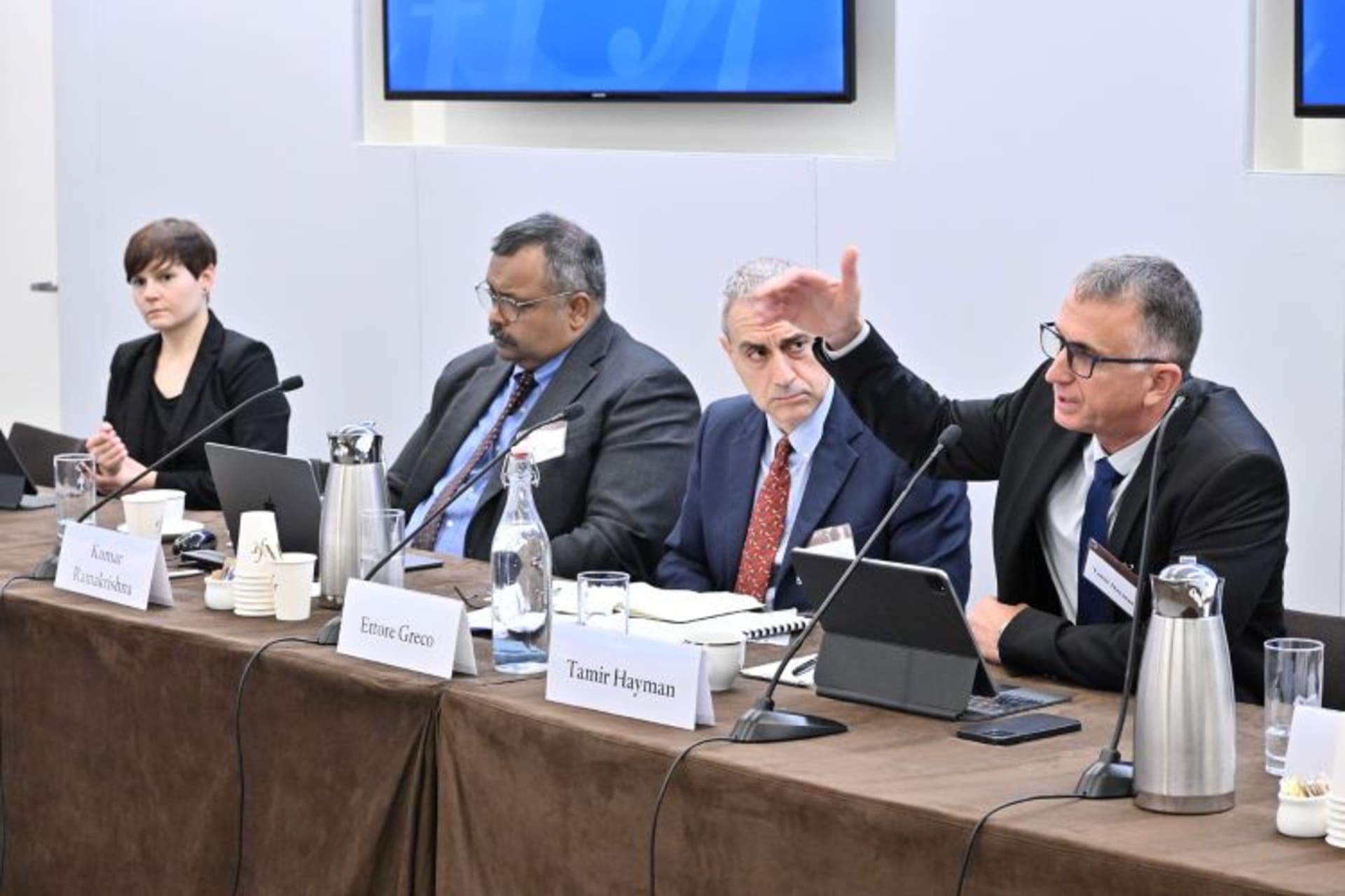 <p>Kumar Ramakrishna, Ettore Greco, and Tamir Hayman discuss “The Israel-Hamas War.” (Kaveh Sadari)</p>