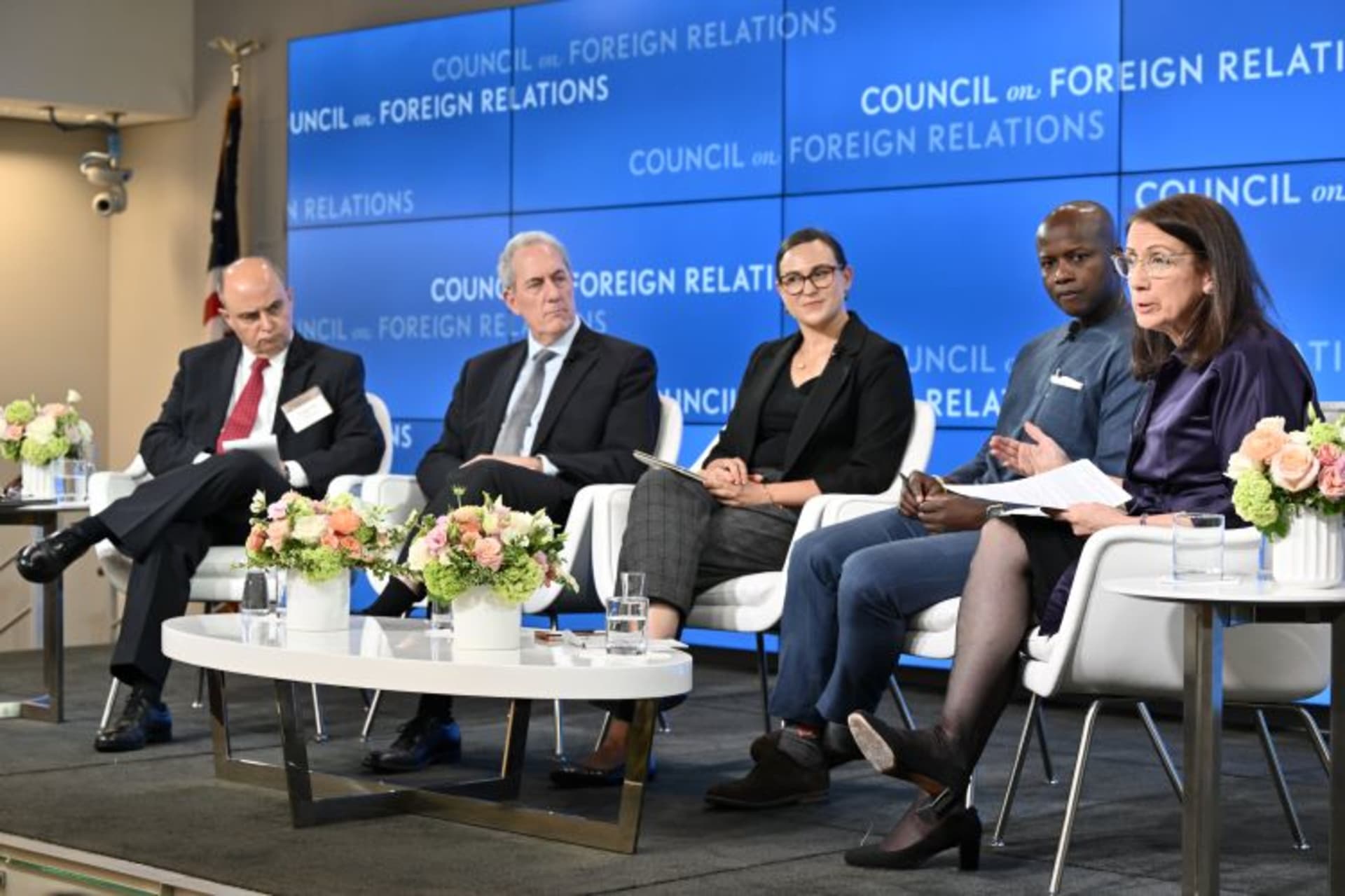<p>Sergio Alcocer, Michael Froman, Stefania Kolarz, Fonteh Akum, and Katherine Donato discuss “The Strategic Impact of the Global Movement of People.” (Kaveh Sardari)</p>