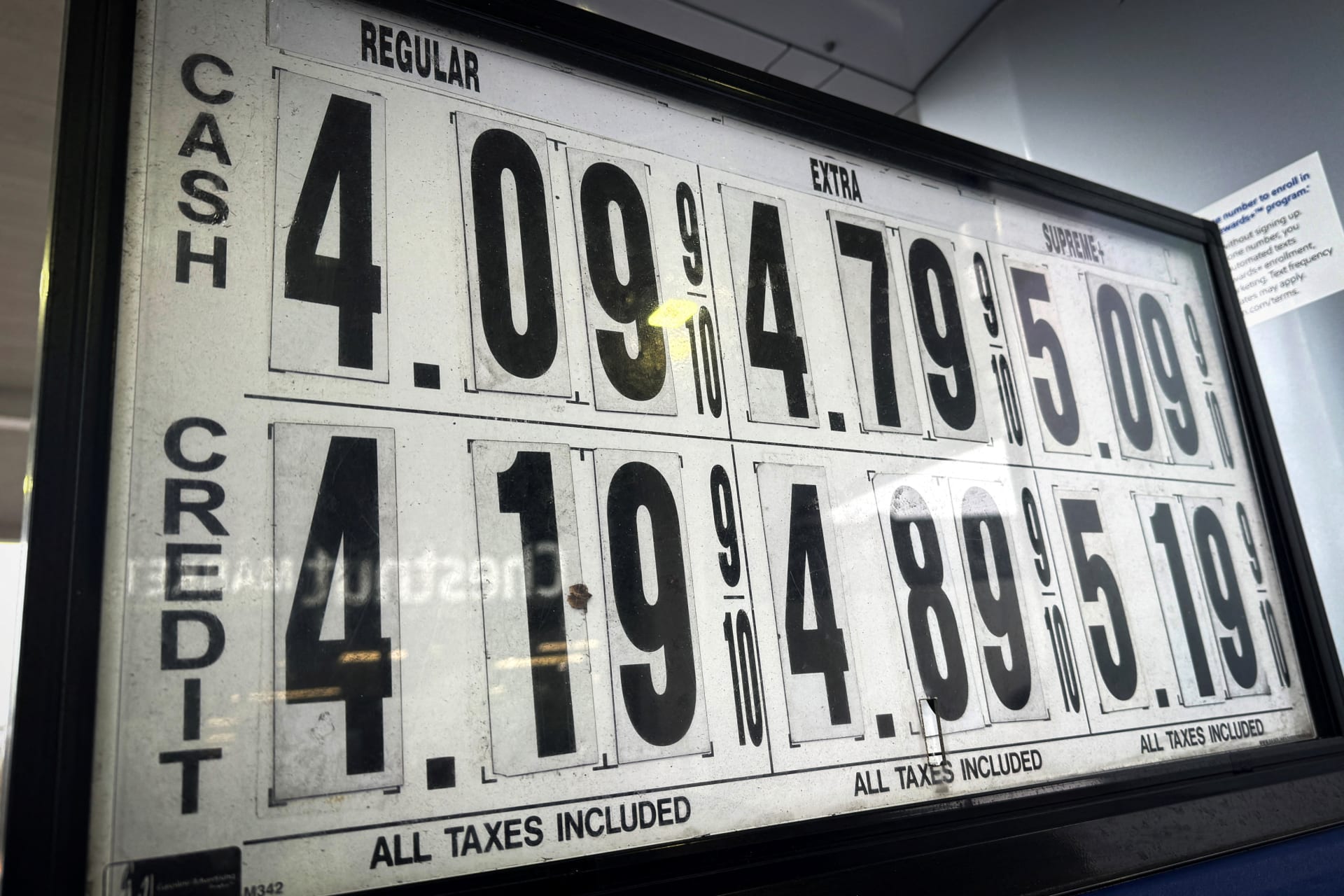 High gasoline prices are displayed at a Mobil gas station in Nanuet