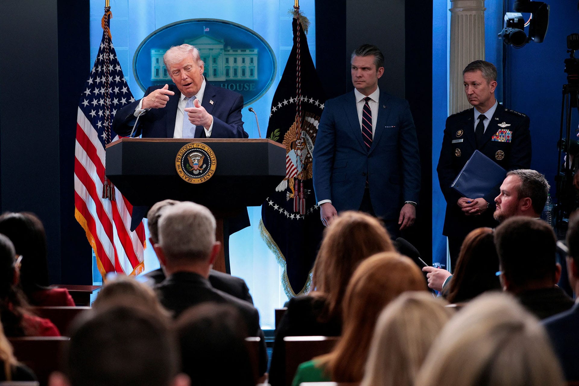 <p>U.S. President Donald Trump speaks during a press conference with U.S. Secretary of Defense Pete Hegseth and Chairman of the Joint Chiefs of Staff Gen. Dan Caine at the White House, April 6, 2026. </p>
