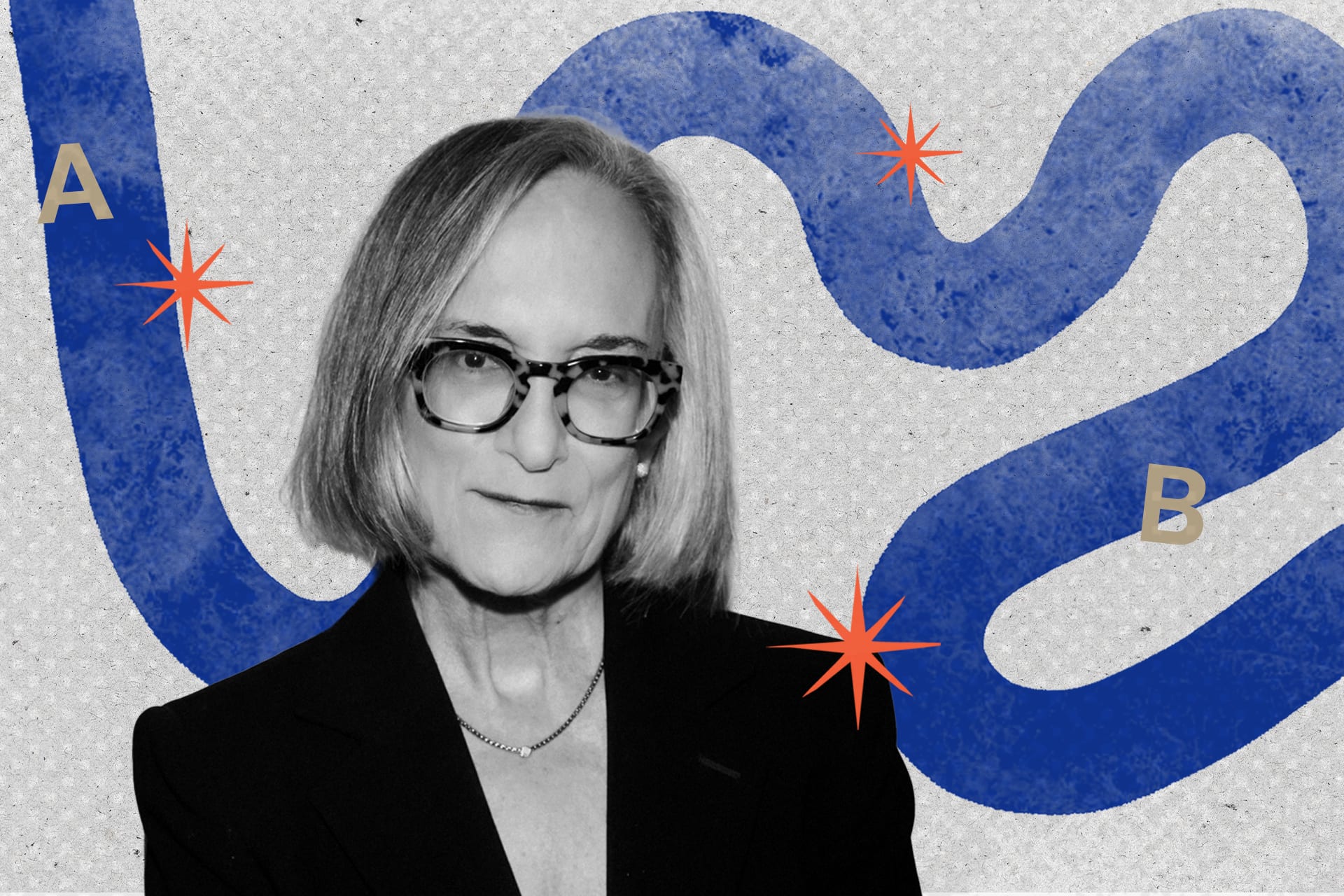 Carla Anne Robbins in black and white over a blue graphic design background