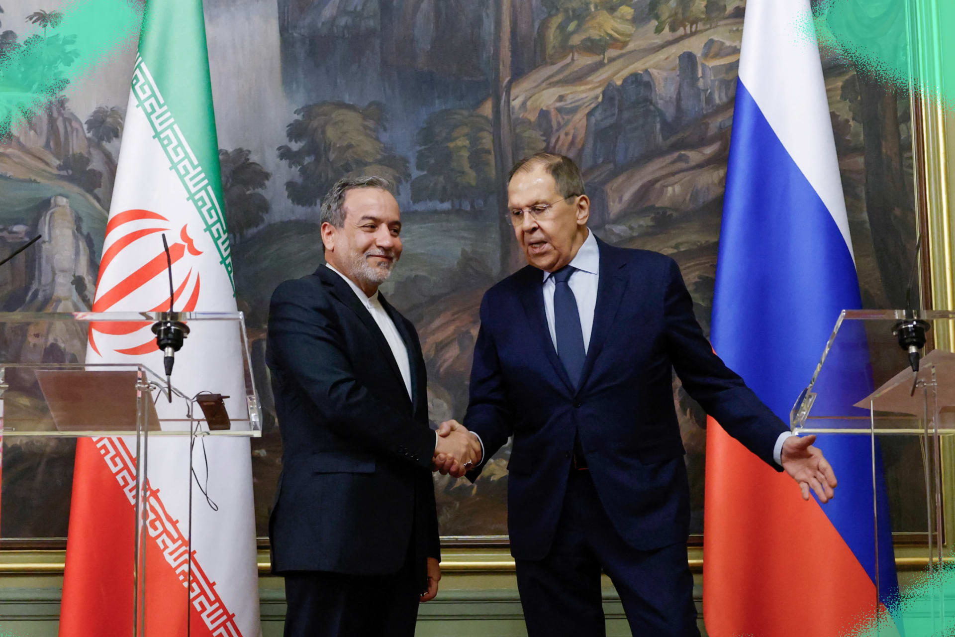 Russia's Foreign Minister Sergei Lavrov and Iran's Foreign Minister Abbas Araqchi shake hands during a press conference following their talks in Moscow, Russia on April 18, 2025.
