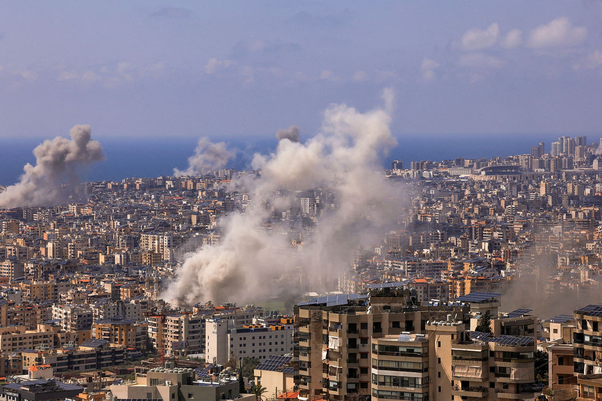 <p>Smoke rises following Israeli strikes on the southern suburbs of Beirut, as seen from Baabda, Lebanon, April 8, 2026. </p>
