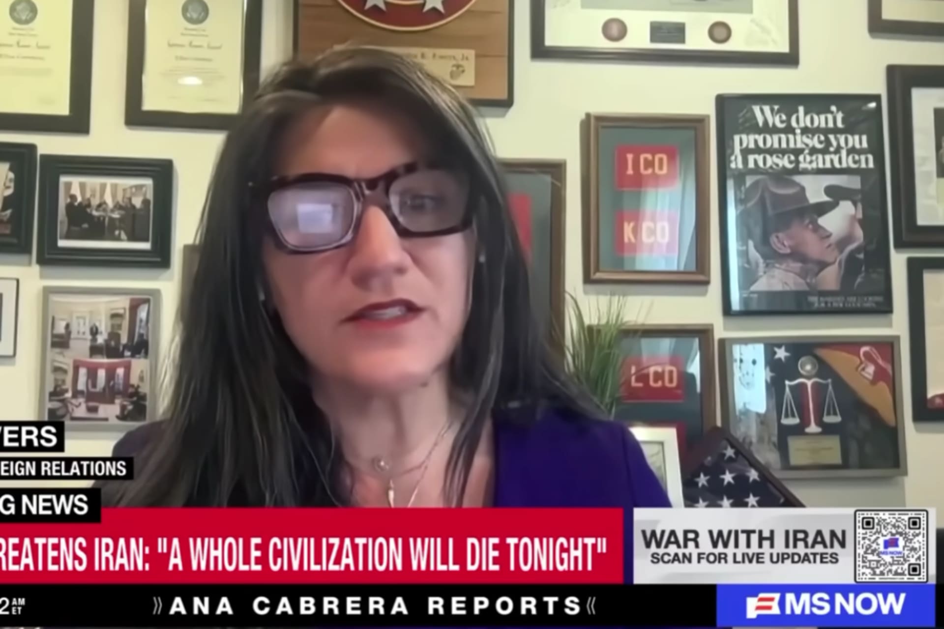 MSNBC screenshot showing Elisa Ewers of the Council on Foreign Relations during a breaking news segment. The chyron reads: 'Trump threatens Iran: A whole civilization will die tonight.