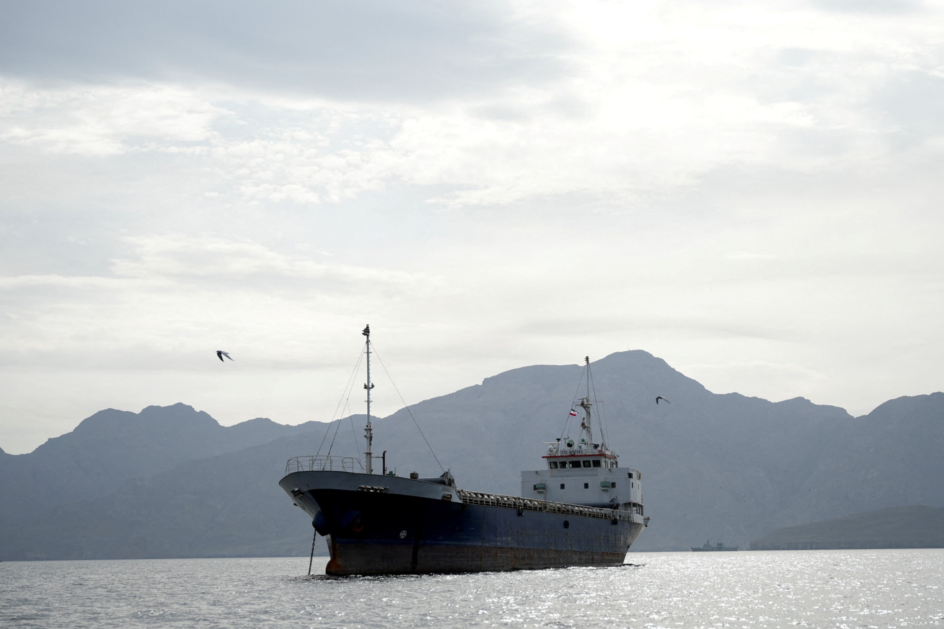 <p>A vessel in the Strait of Hormuz, off the coast of Oman’s Musandam province, April 12, 2026.</p>
