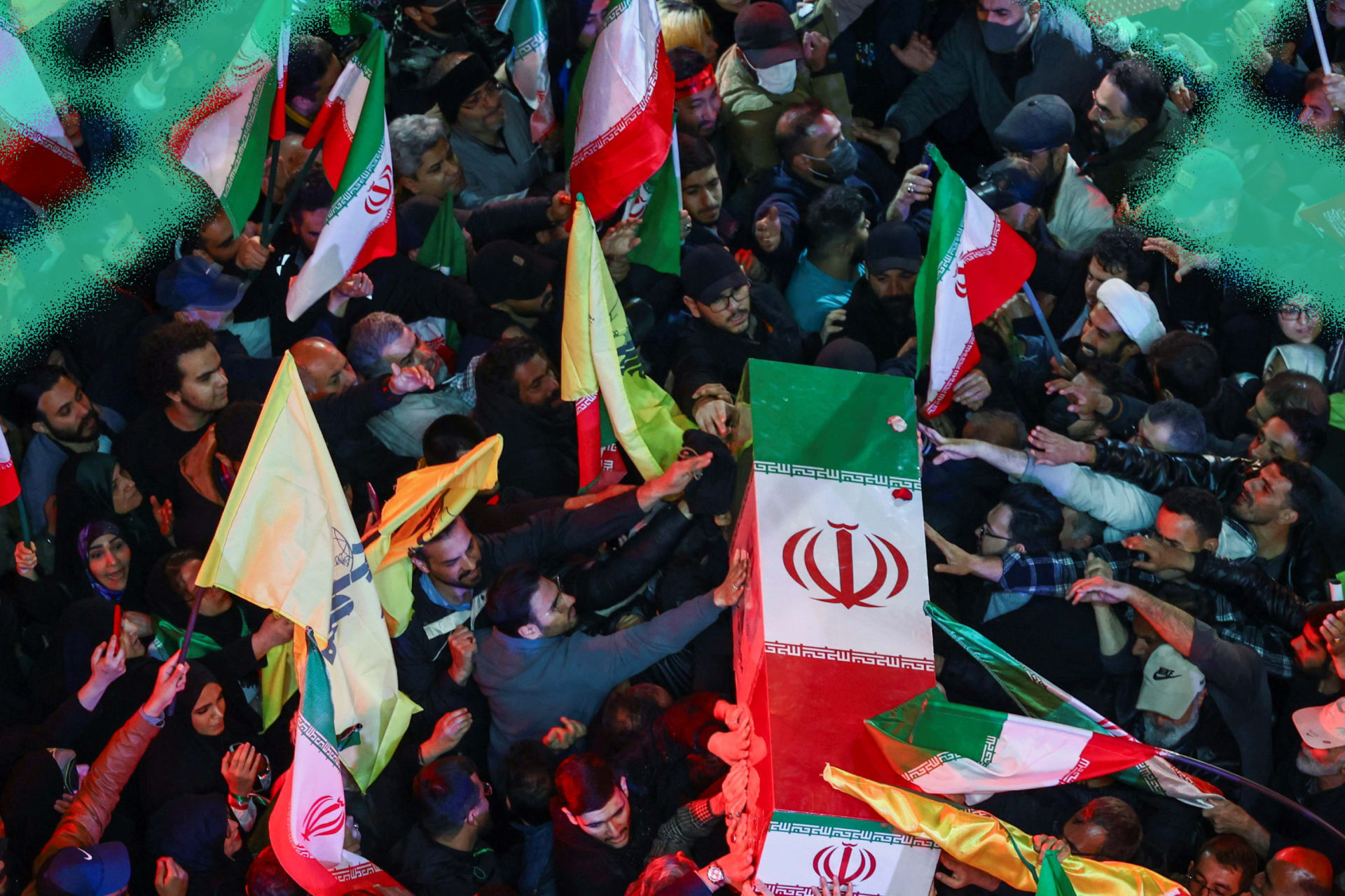People attend a funeral ceremony for the Head of Iran's Revolutionary Guards' intelligence organisation, who was killed in strikes according to Iranian and Israeli statements, in Tehran, Iran on April 8, 2026.