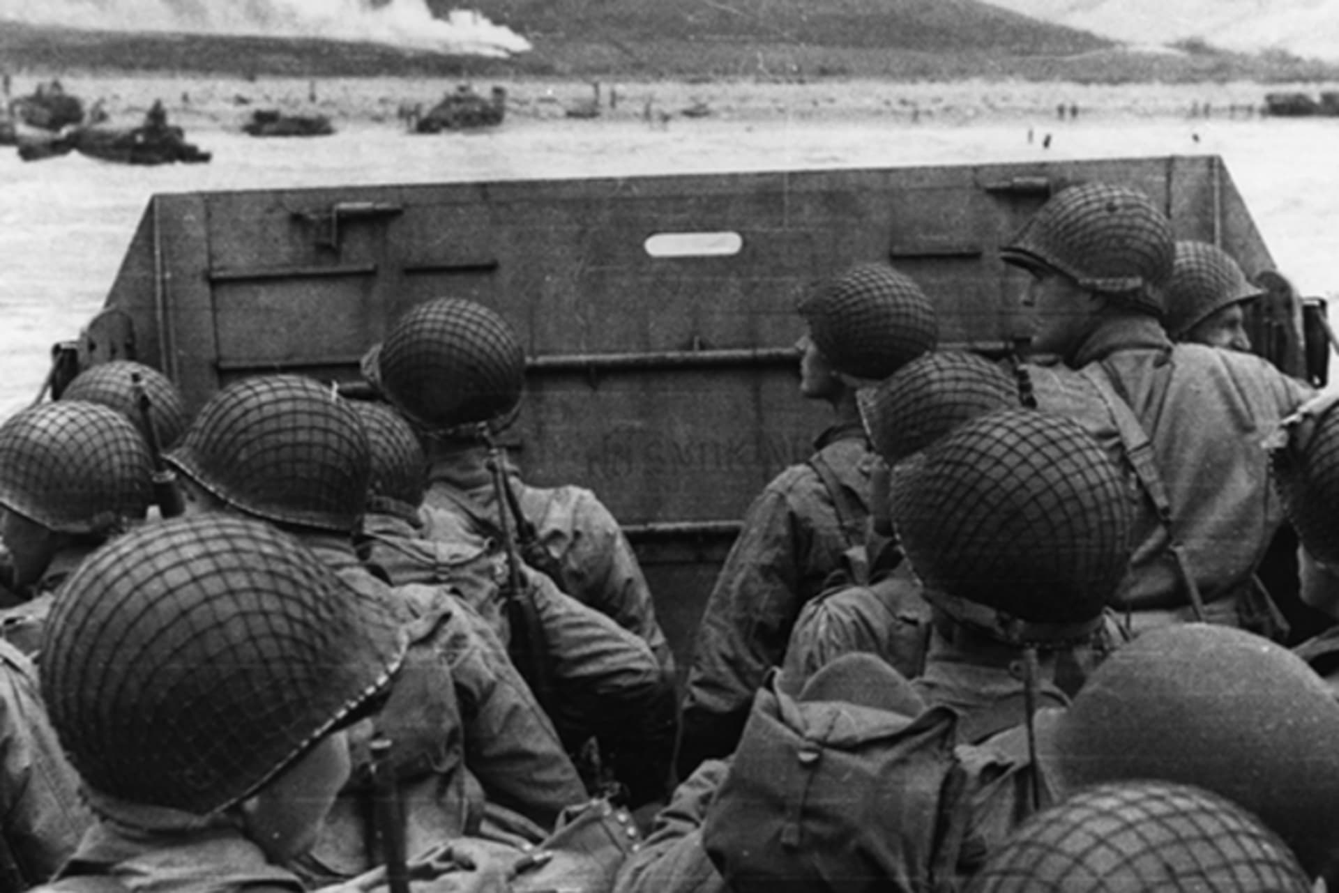 Troops in a landing craft approaching "Omaha" Beach on "D-Day" on June 6, 1944.