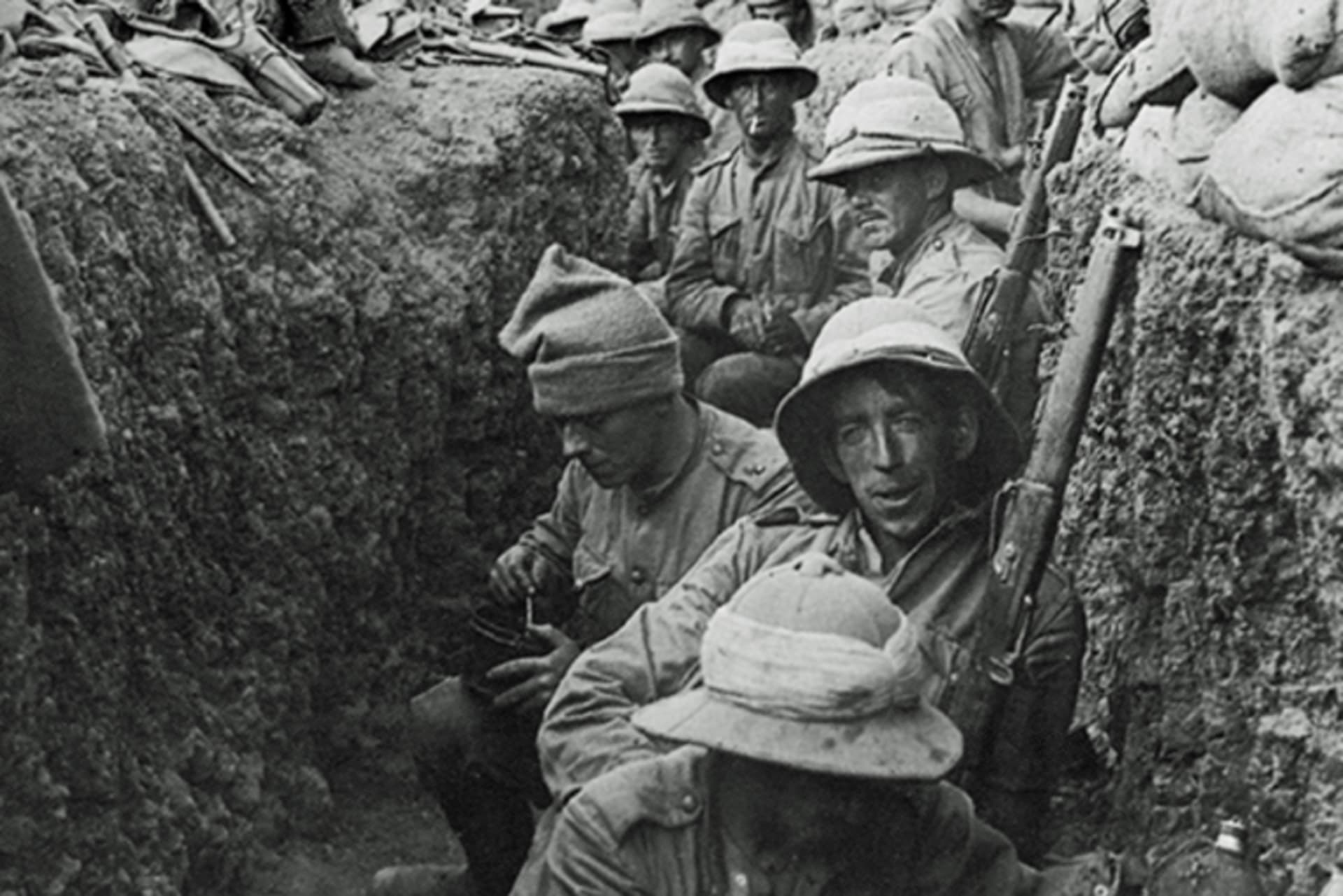 Soldiers of the Royal Irish Fusiliers in the trenches on the southern section of Gallipoli Peninsula in 1915.