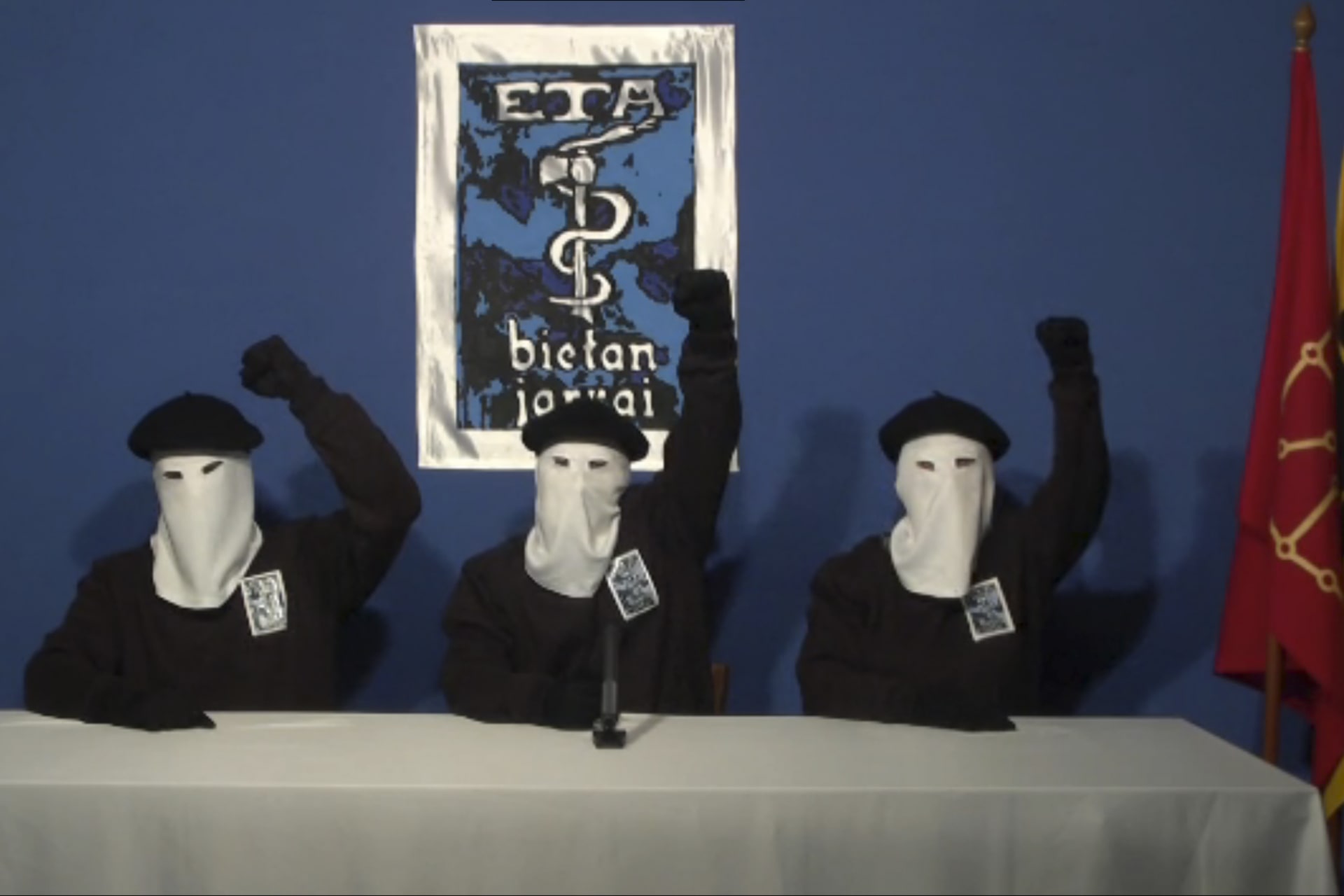 Three members of Basque separatist group ETA call for a definitive end to 50 years of armed struggle in this still image taken from an undated video published on the website of Basque newspaper Gara