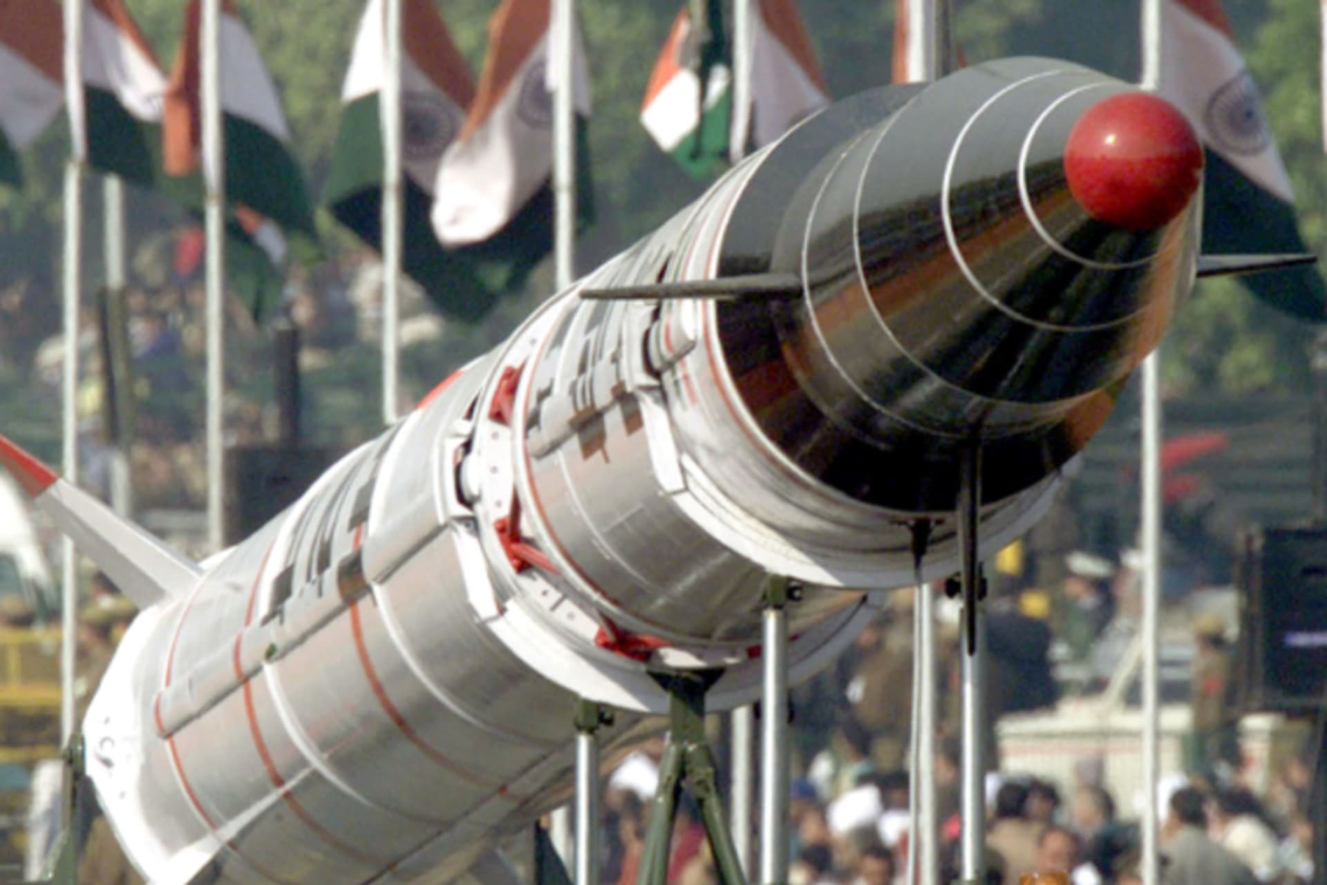 The Agni II, an intermediate-range ballistic missile, is rolled out during the Republic Day parade in New Delhi, India on January 26, 2002.
