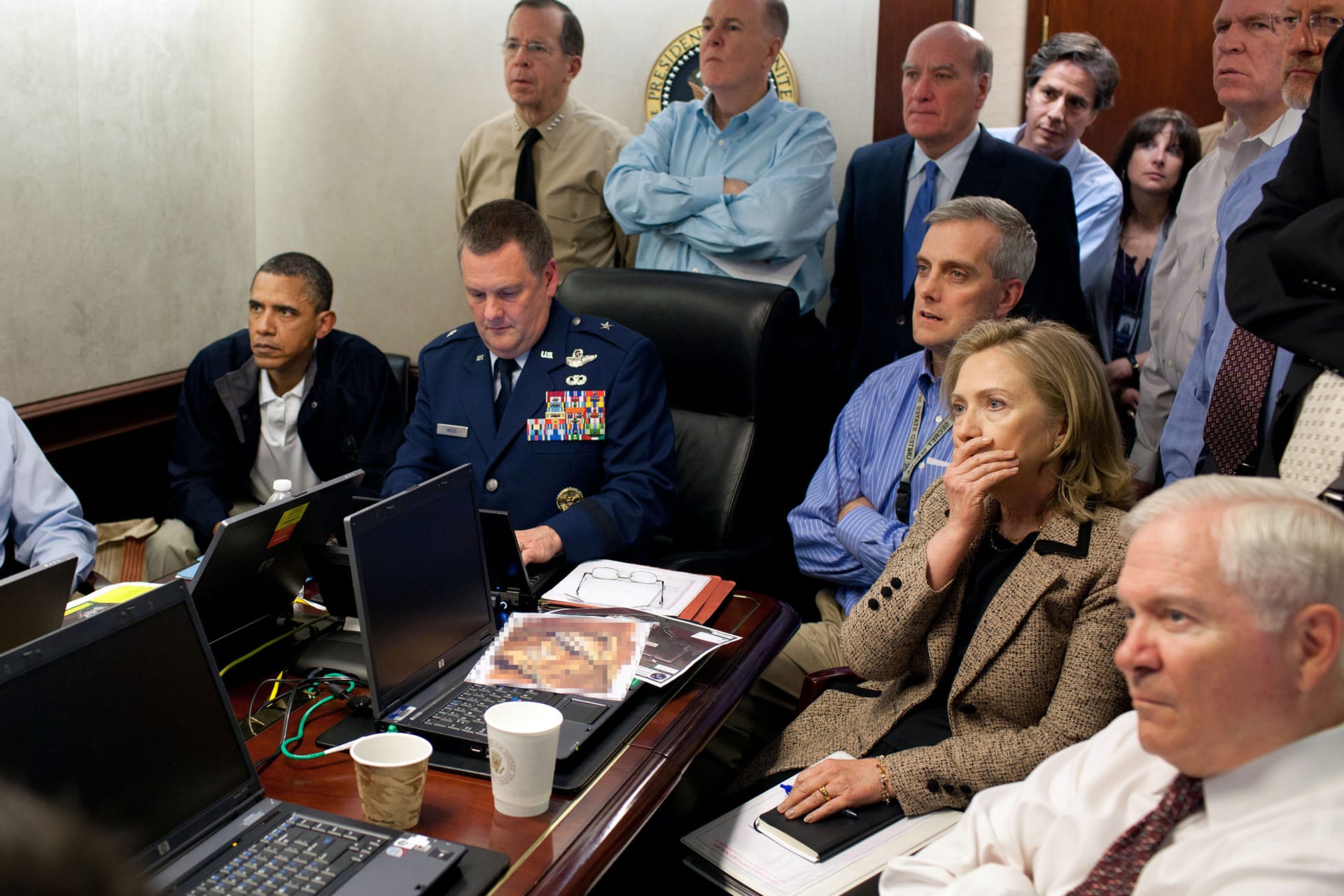 On May 1, 2011, President Barack Obama and Vice President Joe Biden, along with with members of the national security team, receive an update on the mission against Osama bin Laden in the Situation Room of the White House in Washington, D.C.