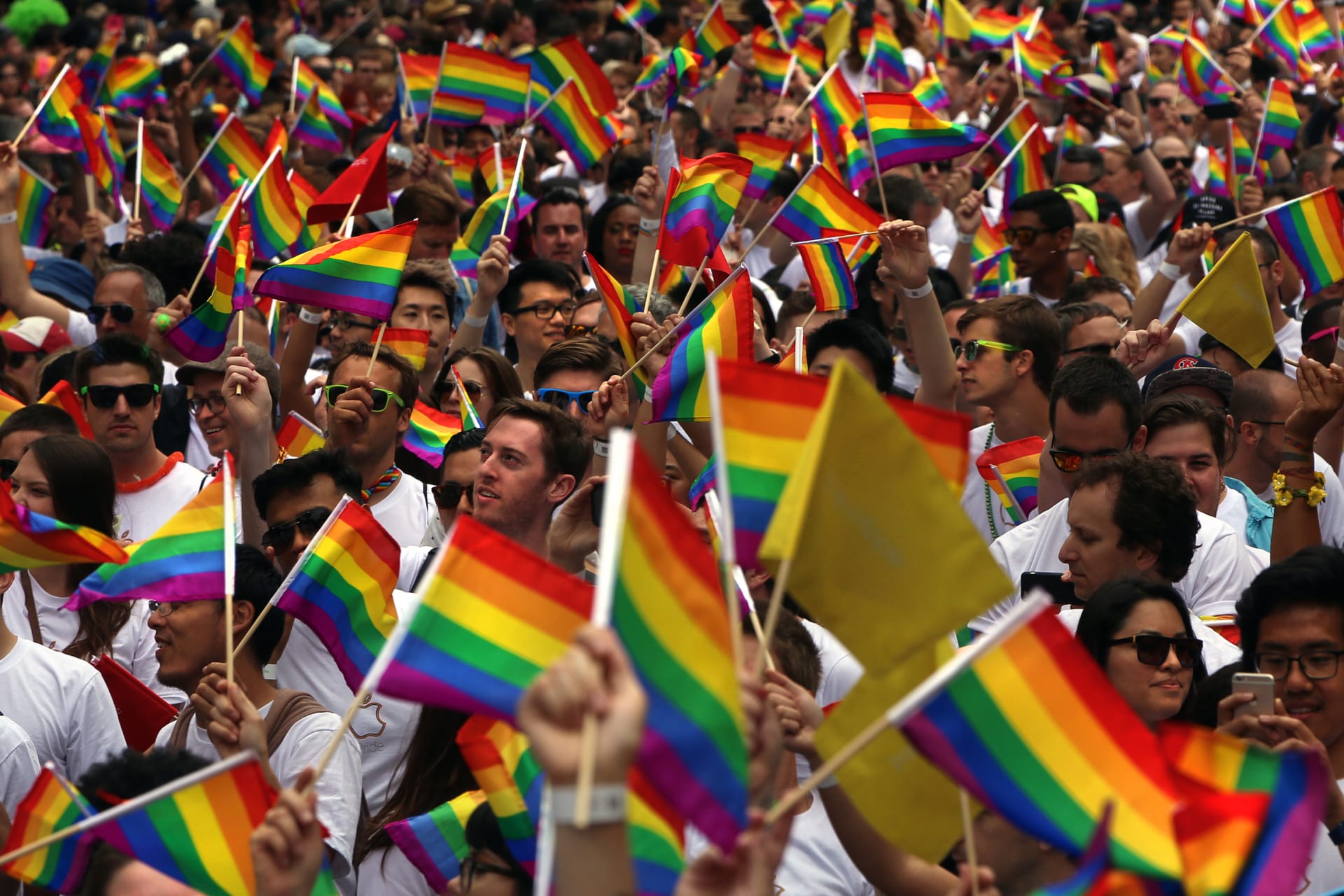 A sea of people waving pride flags walk the route during the 45th Annual San Francisco Pride Celebration & Parade held on Sunday, June 28th, two days after the Supreme Court ruled same-sex marriage legal in all 50 states.