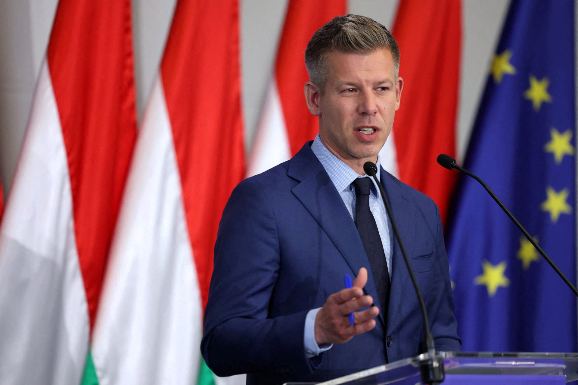 FILE PHOTO: Election winner Magyar speaks during a press conference in Budapest