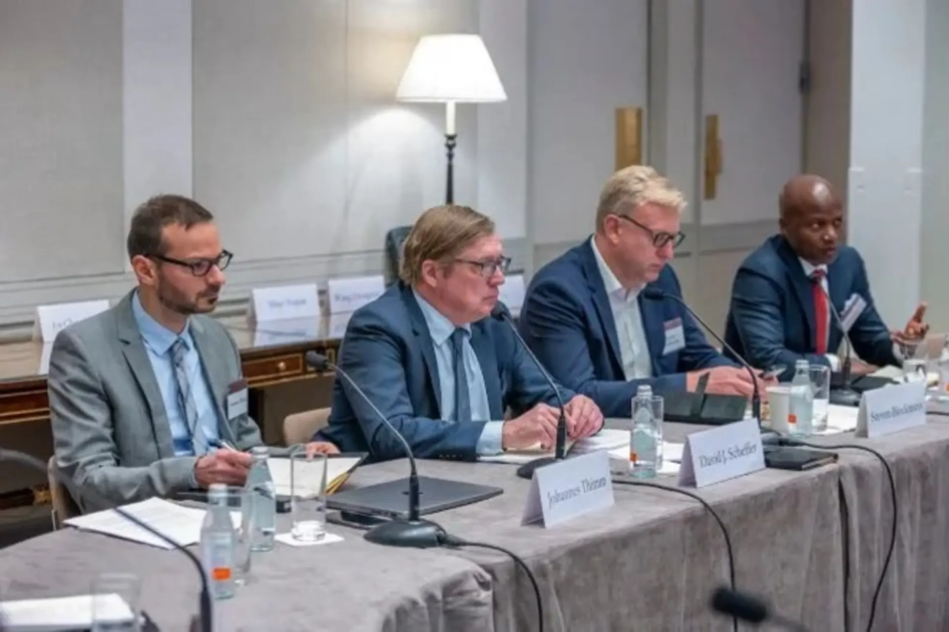 <p>Fonteh Akum, Steven Blockmans, Johannes Thimm, and David Scheffer during the session “Holding Those Responsible for War Crimes Accountable”</p>