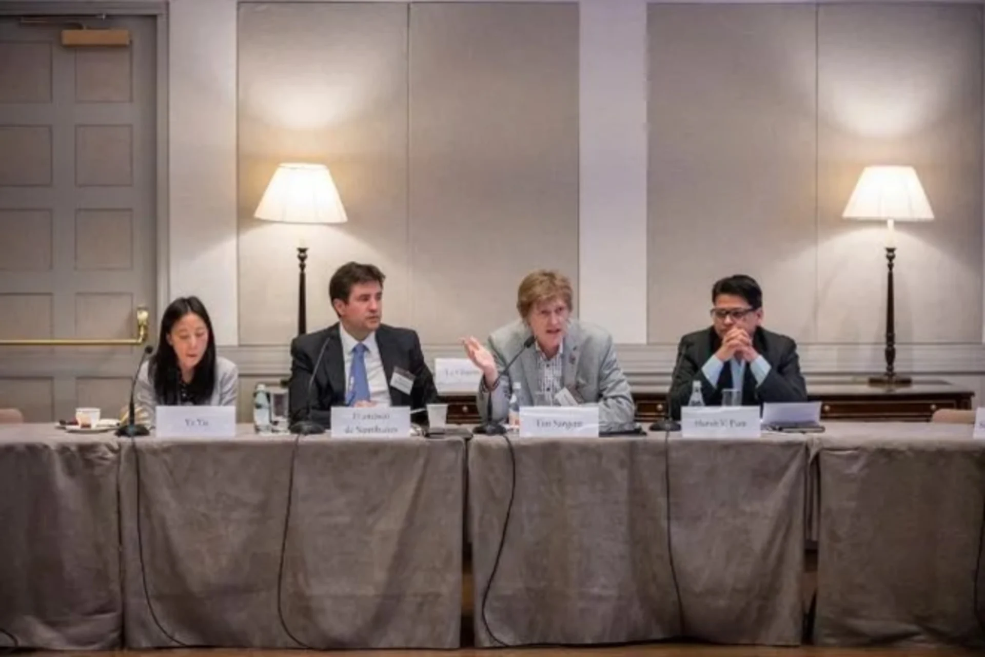 <p>Ye Yu, Francisco de Santibañes, Tim Sargent, and Harsh Pant during the session “Reversing the Breakdown of the Global Development Model” (</p>