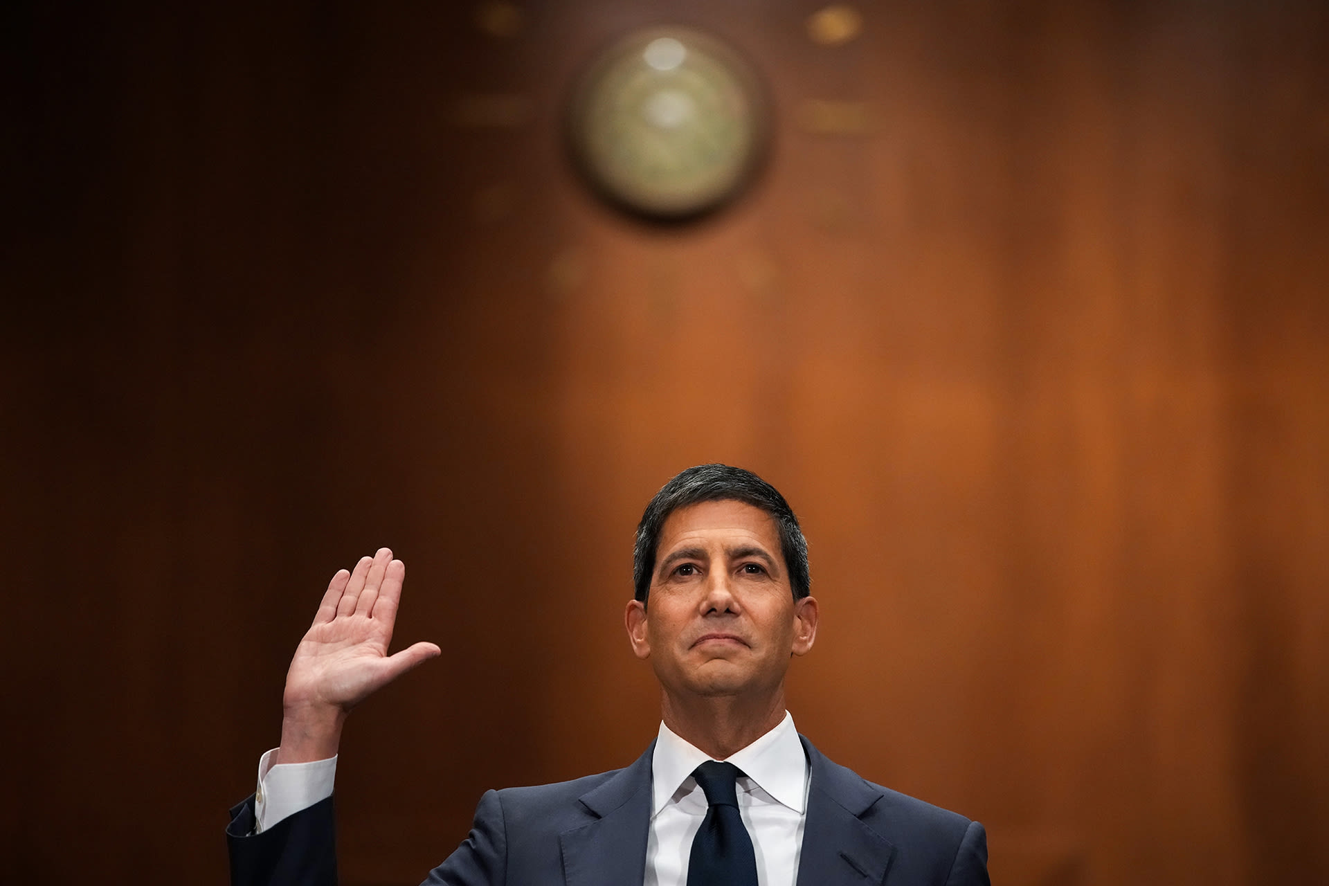 <p>Kevin Warsh, U.S. President Donald Trump’s nominee for Chair of the Federal Reserve, is sworn in to testify during his Senate Committee on Banking, Housing, and Urban Affairs confirmation hearing in the Dirksen Senate Office Building on April 21, 2026 in Washington, D.C.</p>
