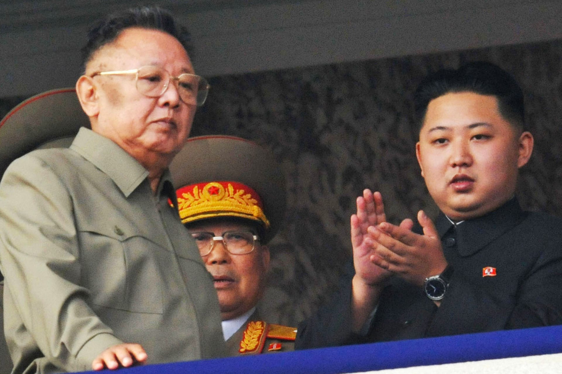 A photo showing North Korean leader Kim Jong Il reviewing a military parade in Pyongyang with his son Kim Jong Un on October 10, 2010.
