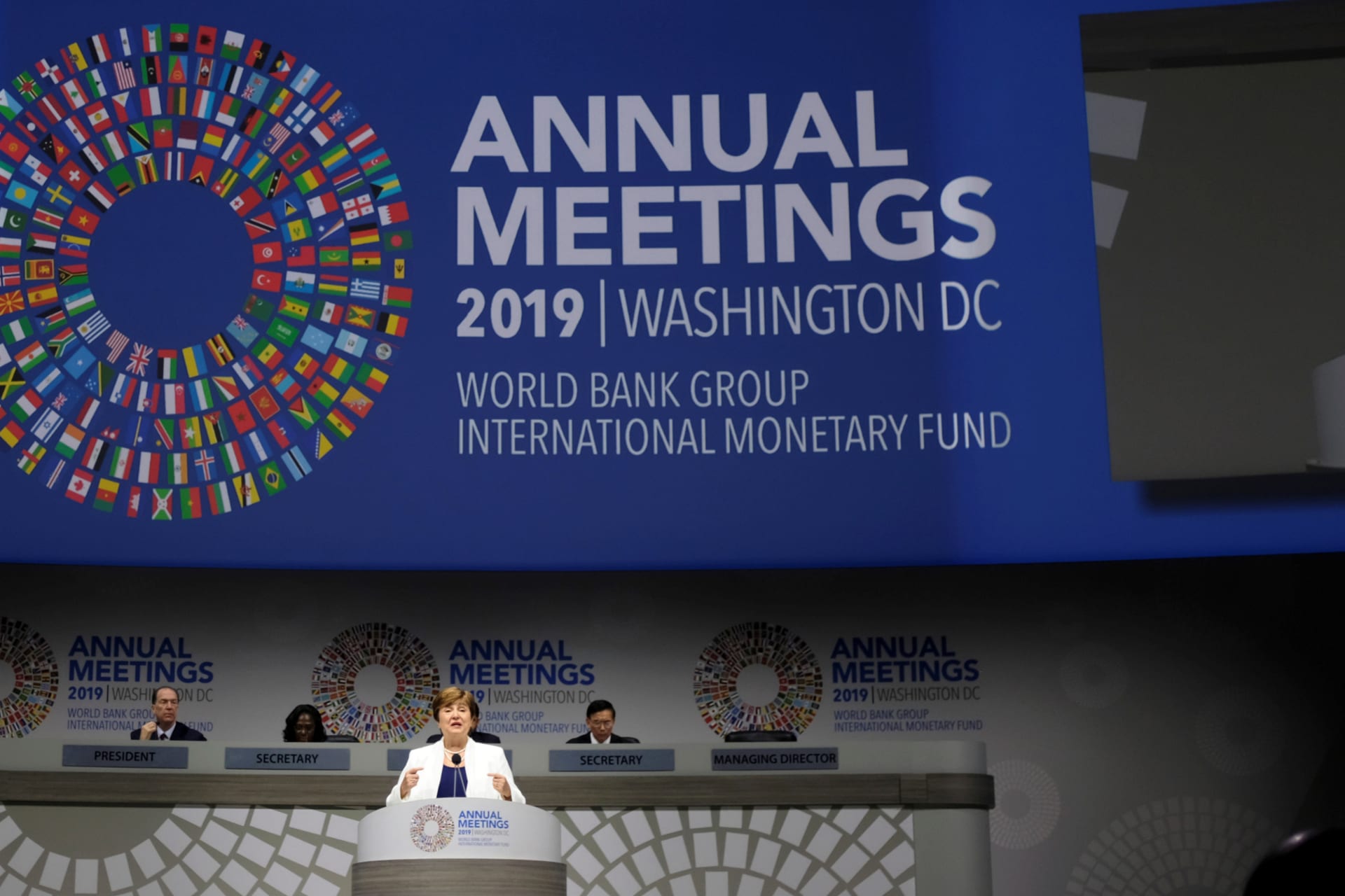 International Monetary Fund Managing Director Kristalina Georgieva addresses the fall meetings of the IMF and World Bank in Washington, D.C. on October 18, 2019.