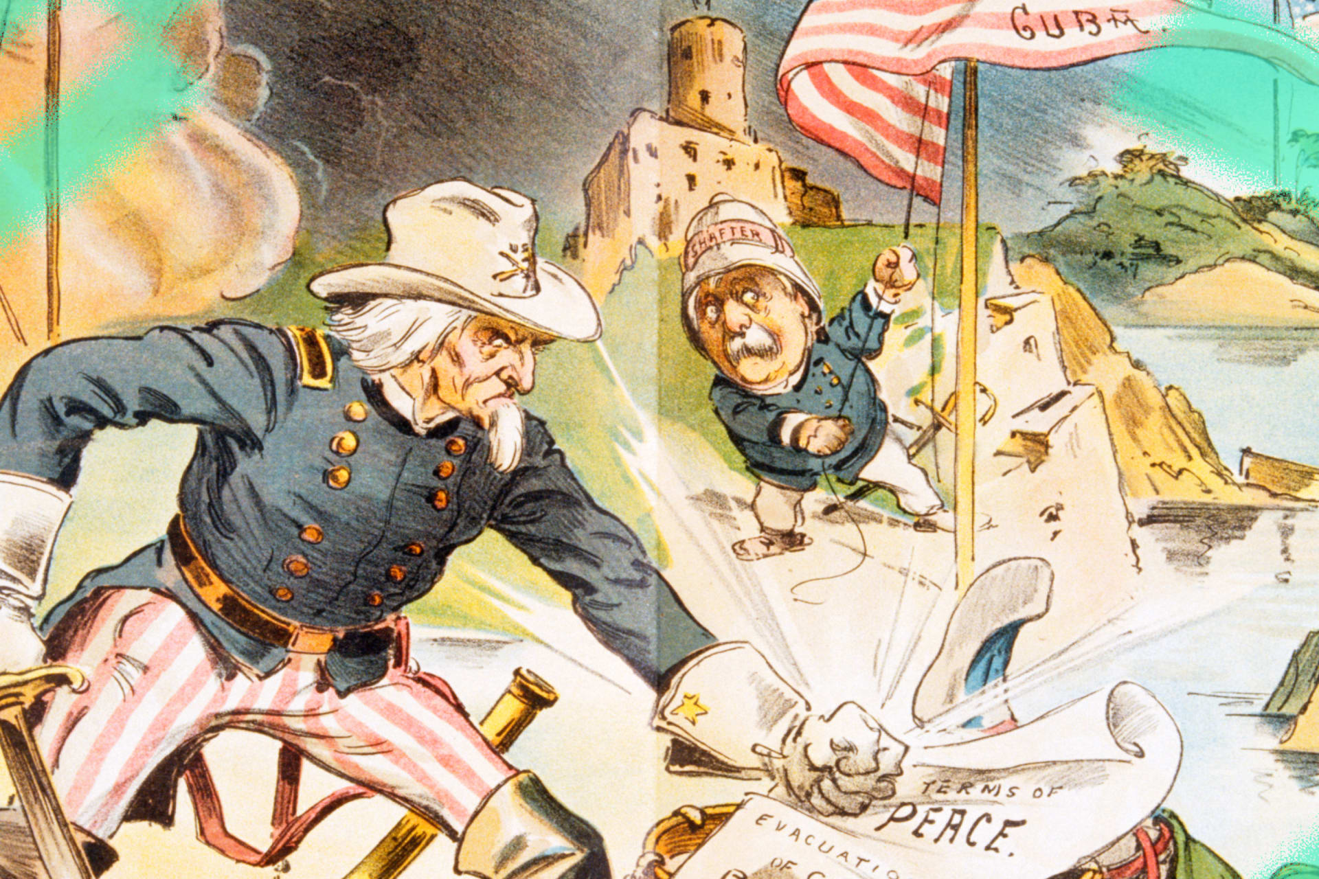 An angry Uncle Sam demands terms of peace in a Spanish-American War political cartoon appearing in Judge magazine, 1898.