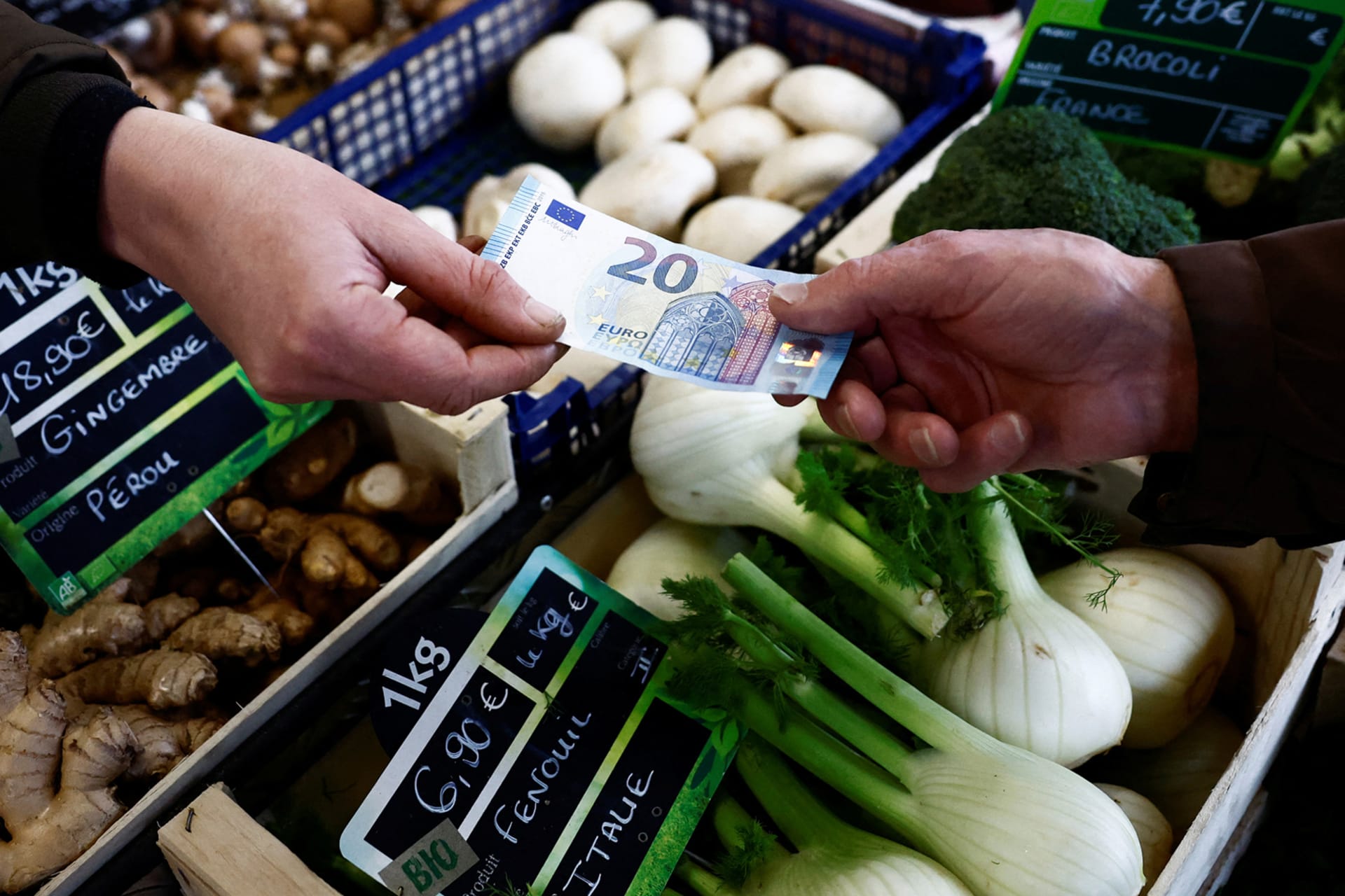 A shopper hands a vendor a twenty Euro banknote over different vegetables at a local market.