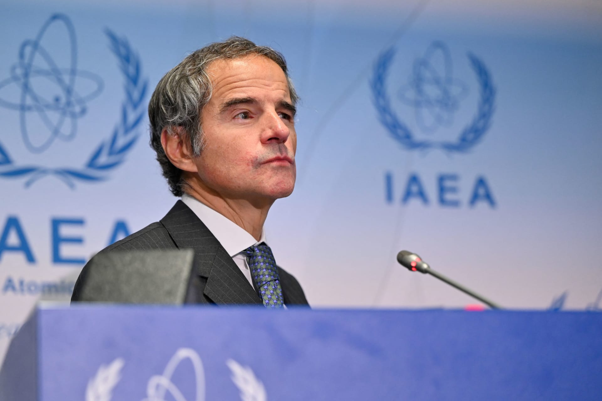 IAEA Director General Rafael Grossi looks on during a press conference on the opening day of his agency's quarterly Board of Governors meeting in Vienna, Austria