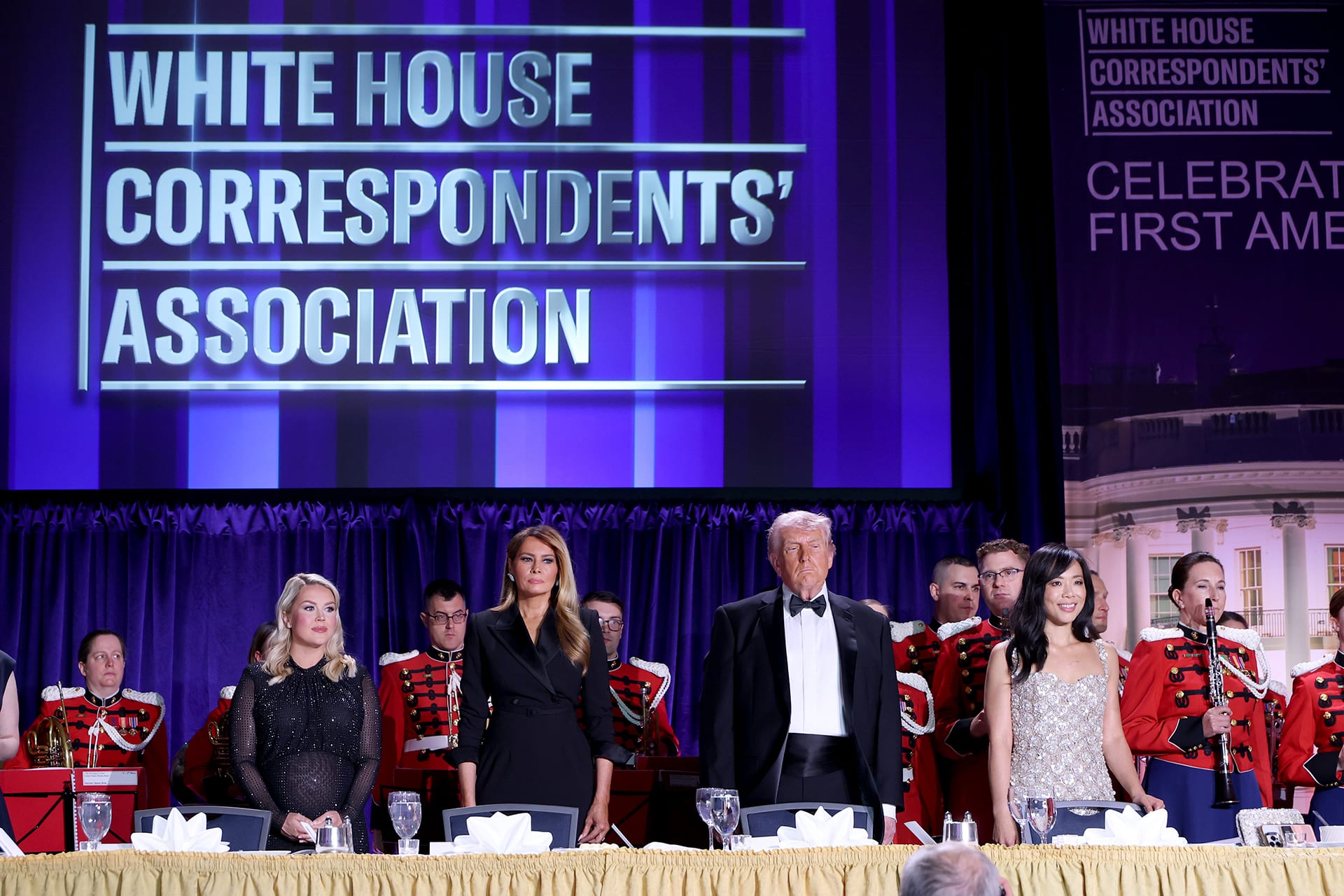 <p>(L-R) White House Press Secretary Karoline Leavitt, Melania Trump, U.S. President Donald Trump, and Weijia Jiang attend as Mentalist Oz Pearlman hosts the White House Correspondents Dinner on April 25, 2026 in Washington, DC. </p>
