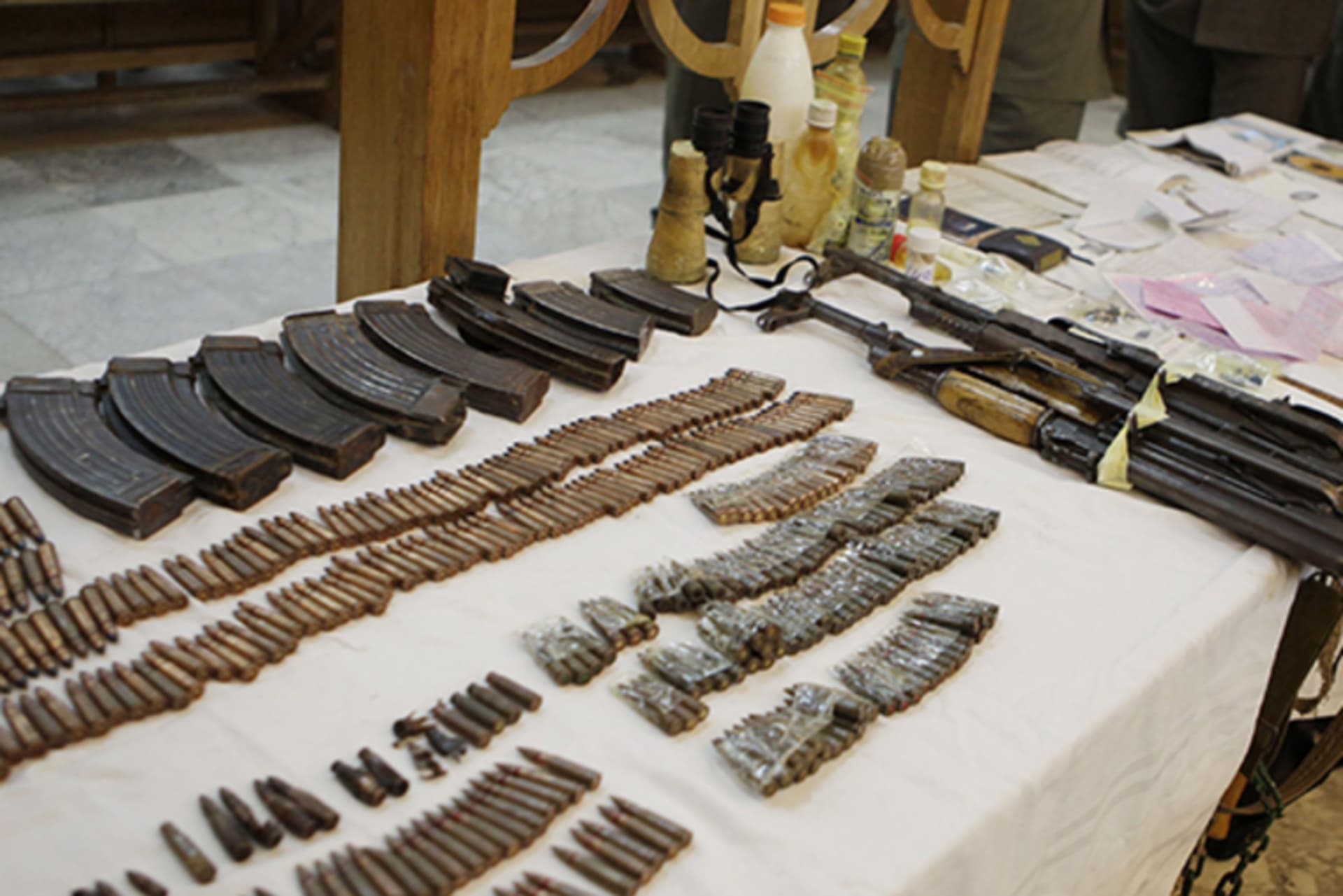 Evidence is displayed during a hearing for suspected members of al-Qaeda in the Islamic Magreb at a military court in Tunis, Tunisia, June 9, 2012.