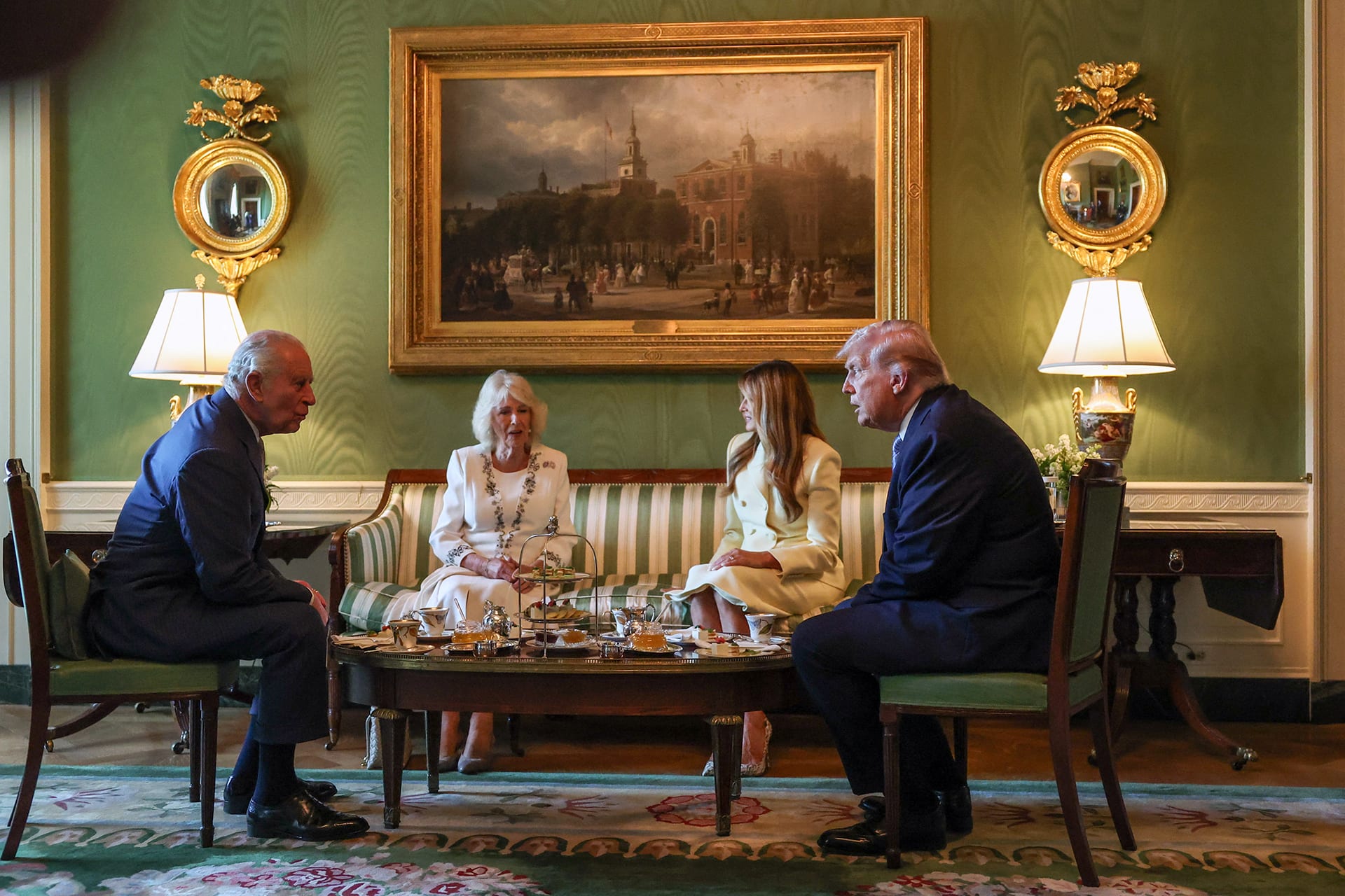 U.S. President Donald Trump and first lady Melania Trump host Britain's King Charles and Queen Camilla for afternoon tea on the South Lawn of the White House in Washington, D.C., U.S., on April 27, 2026.