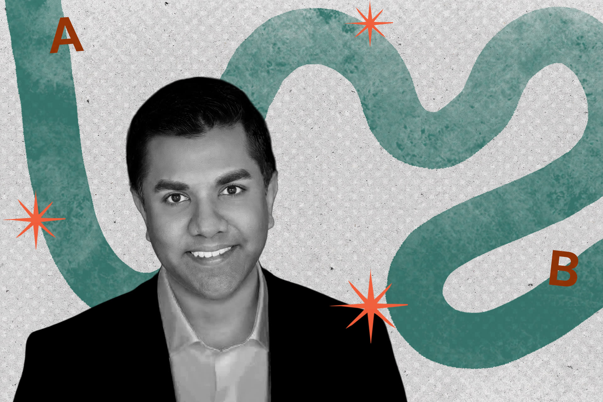 Ravi Agrawal's portrait in black and white is overlaid on top of a teal graphic.