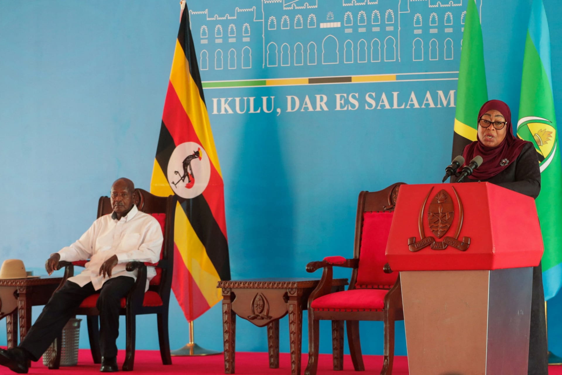 President Samia Suluhu Hassan addresses a joint press conference with President Yoweri Museveni during his working visit at the State House grounds in Dar es Salaam, Tanzania on February 7, 2026.