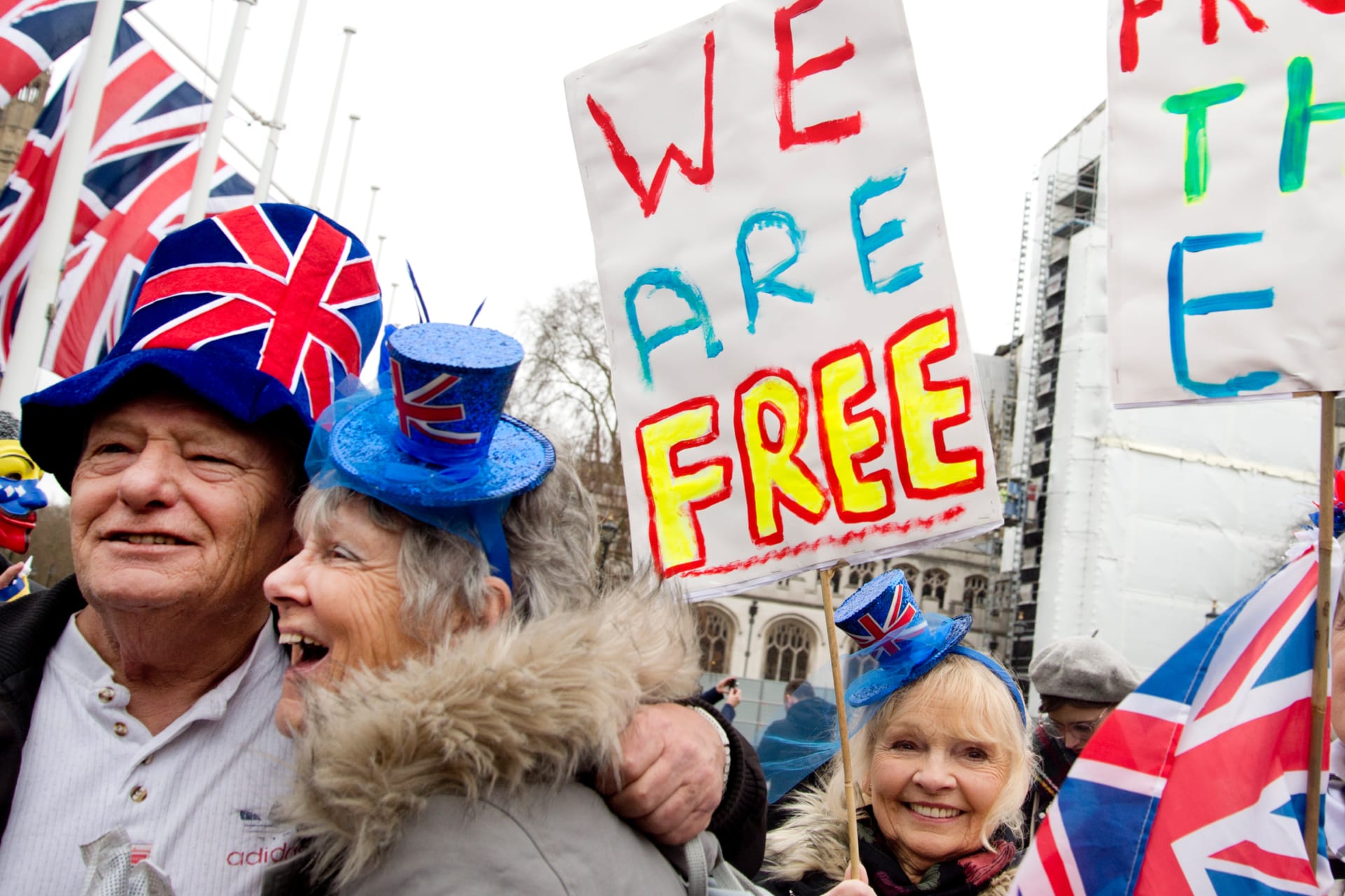 Pro-Brexit supporters gather in London, England, as the United Kingdom prepares to leave the European Union on January 31, 2020.